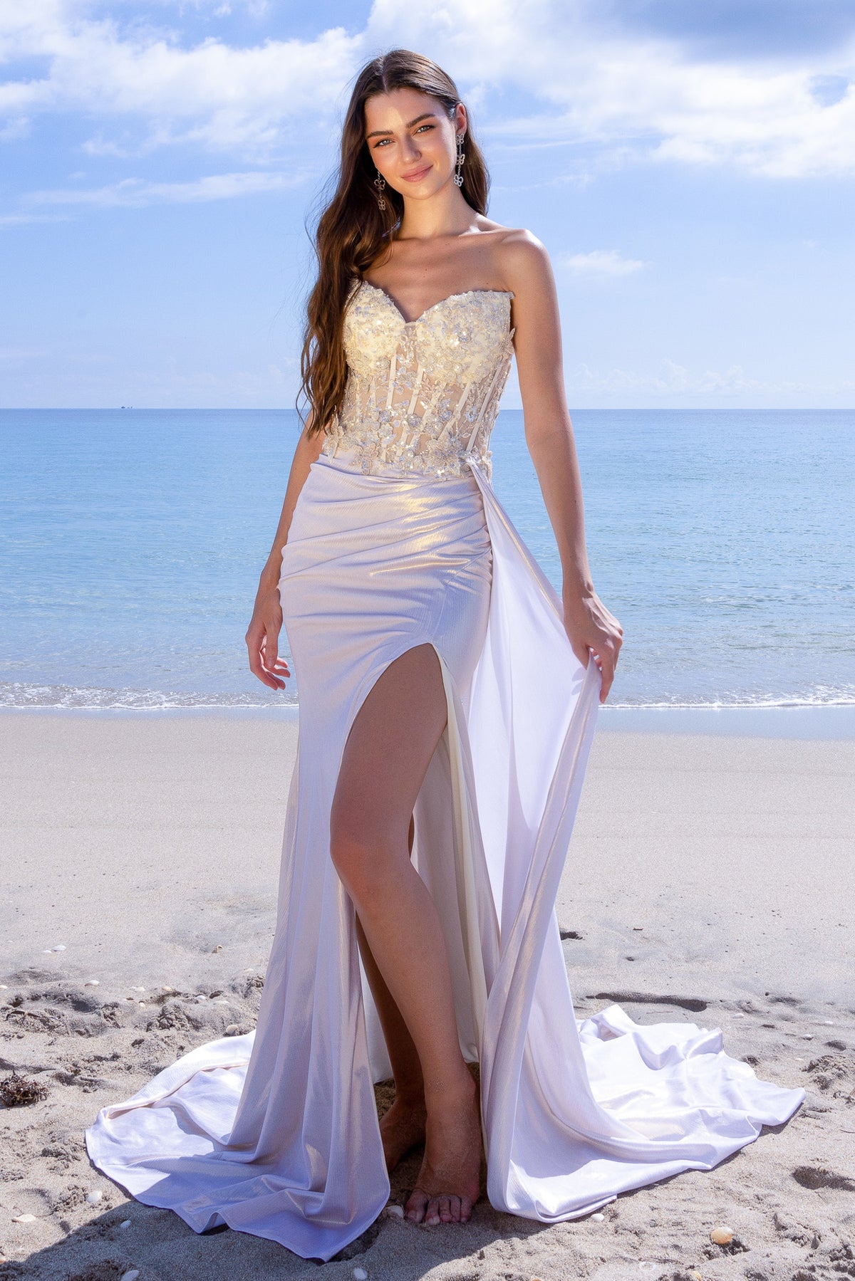 2055 strapless embellished slit gown, ivory, front view