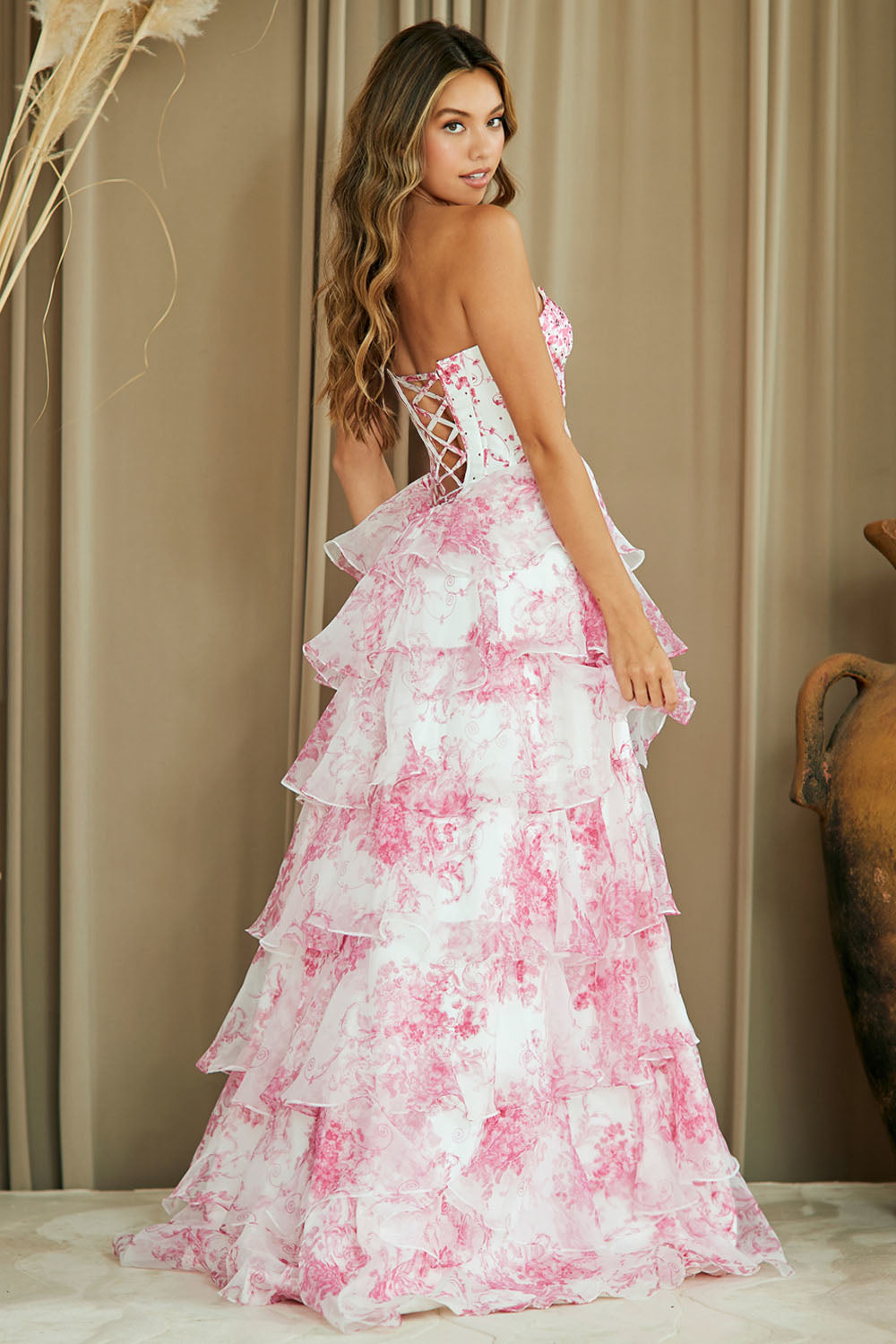 AC6020 floral tiered strapless prom gown, pink, back view