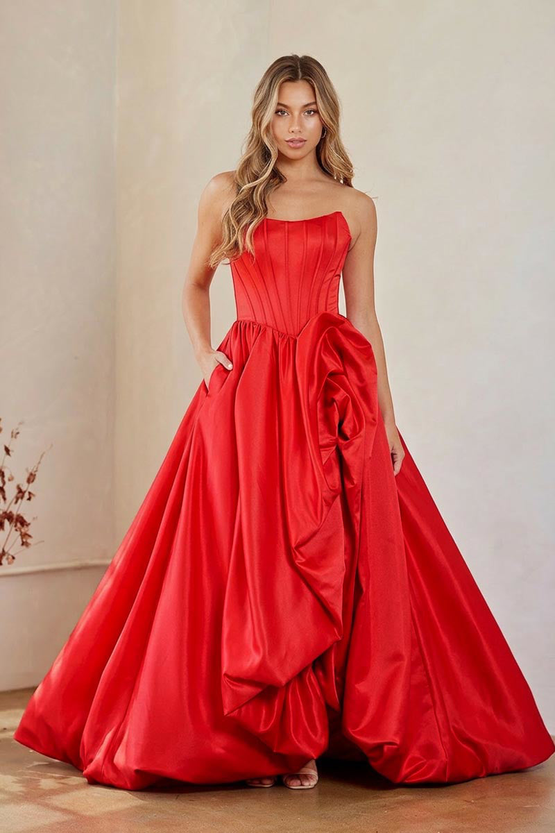 2085 strapless draped slit ball gown, red, front view