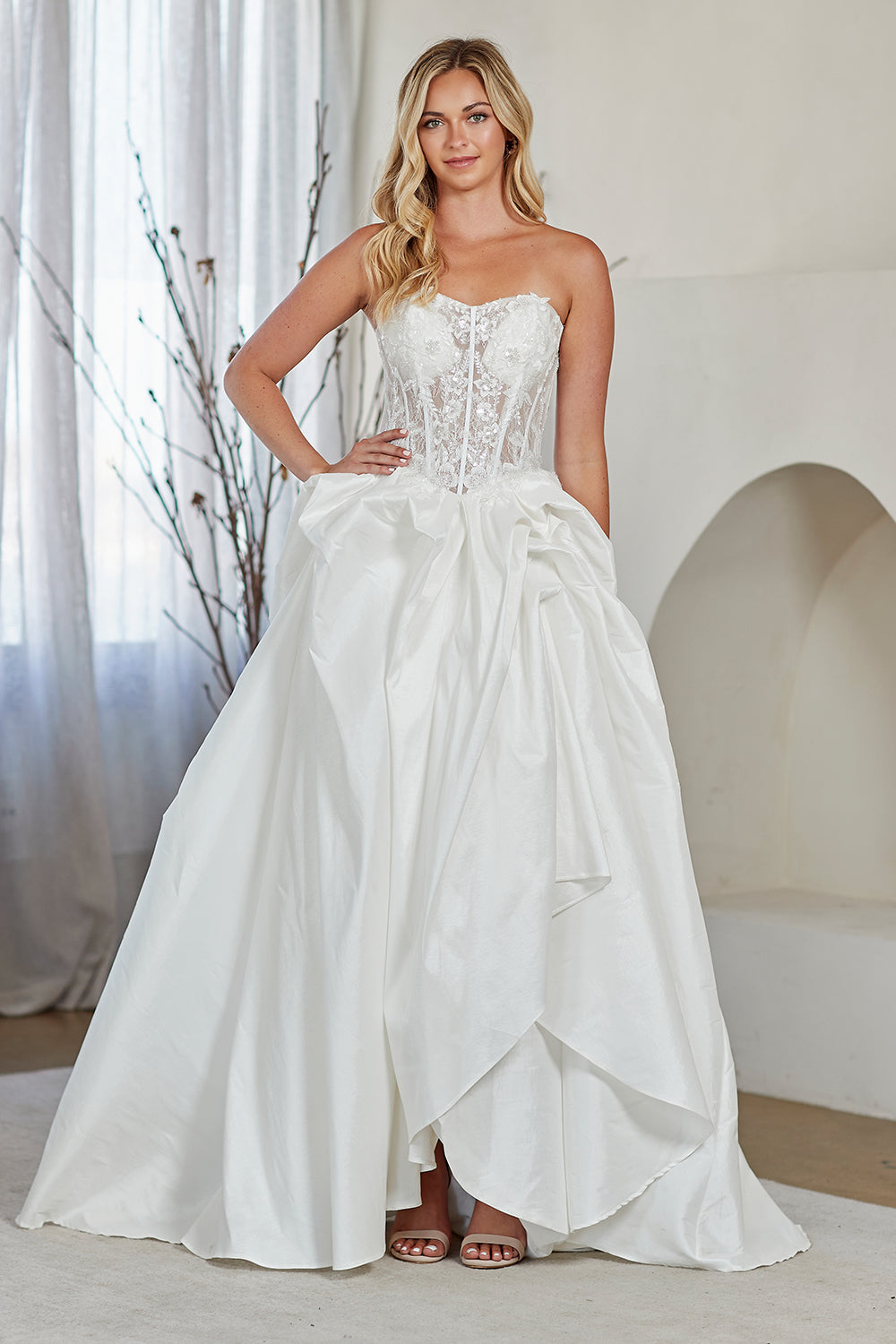2087 strapless lace draped bridal gown, white, front view