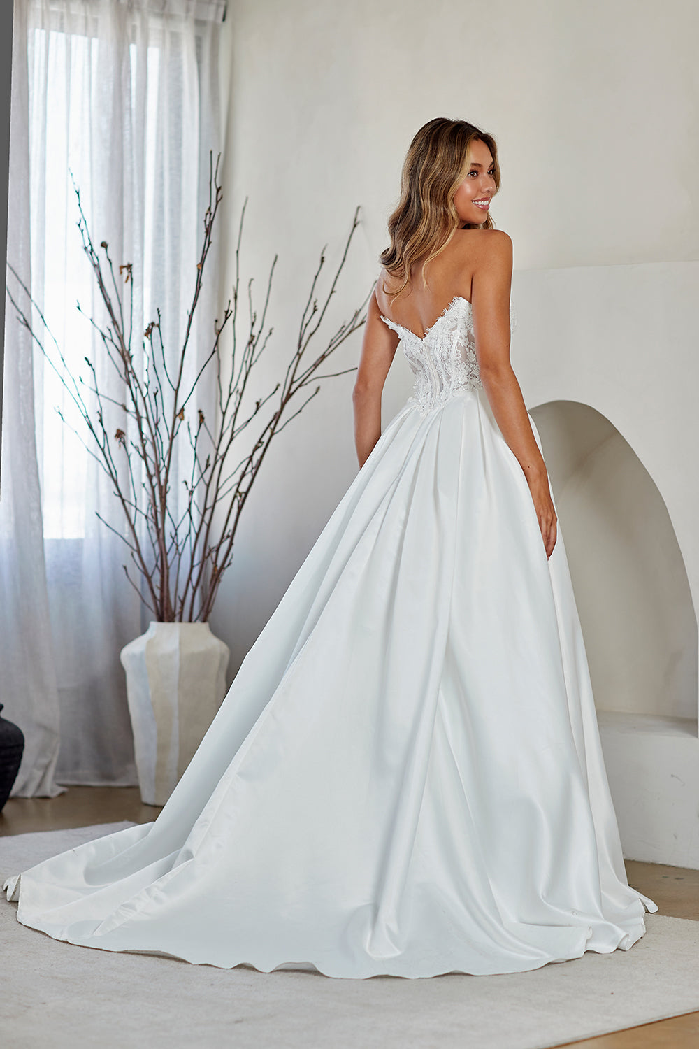 2089 strapless lace a-line bridal gown, white, back view
