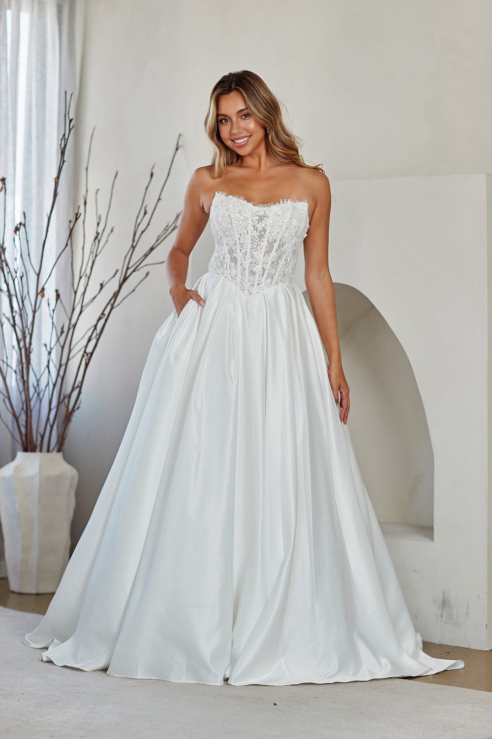 2089 strapless lace a-line bridal gown, white, front view