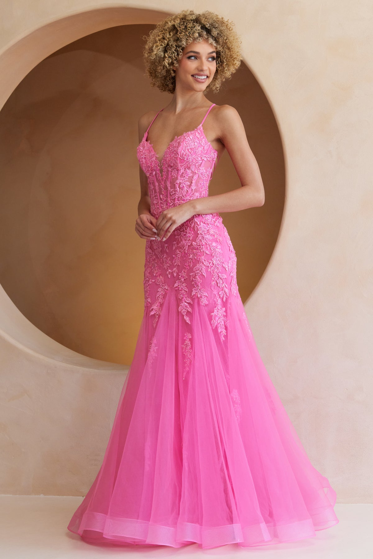 2120 lace bodice mermaid prom gown, pink, front view
