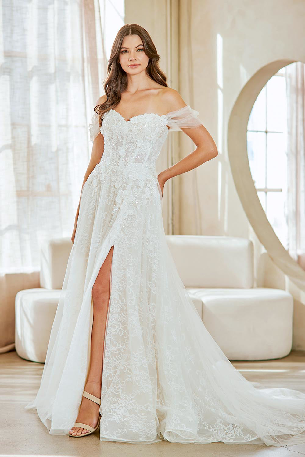 2139 off-shoulder lace slit bridal gown, white, front view