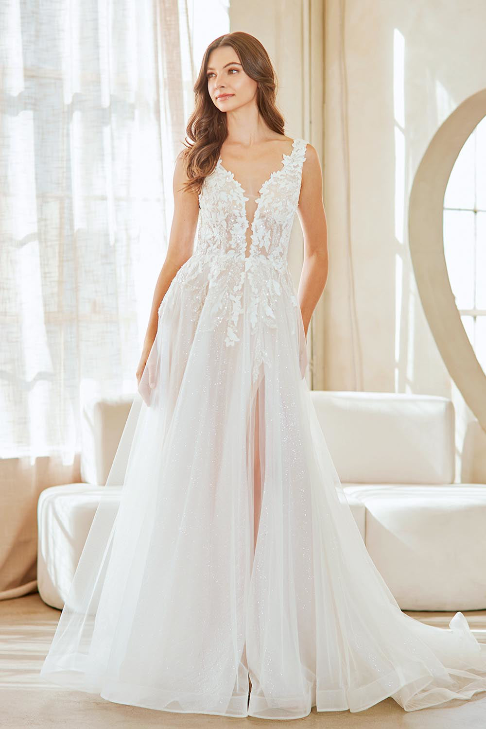 2140 plunging lace a-line bridal gown, white, front view