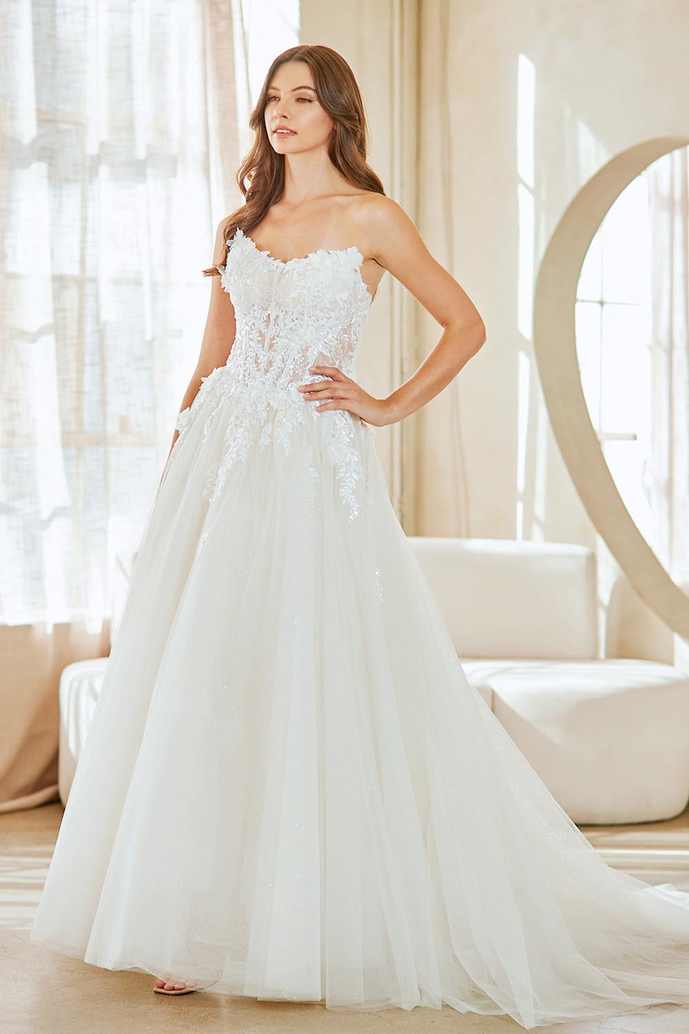 2141 strapless floral lace bridal gown, white, front view