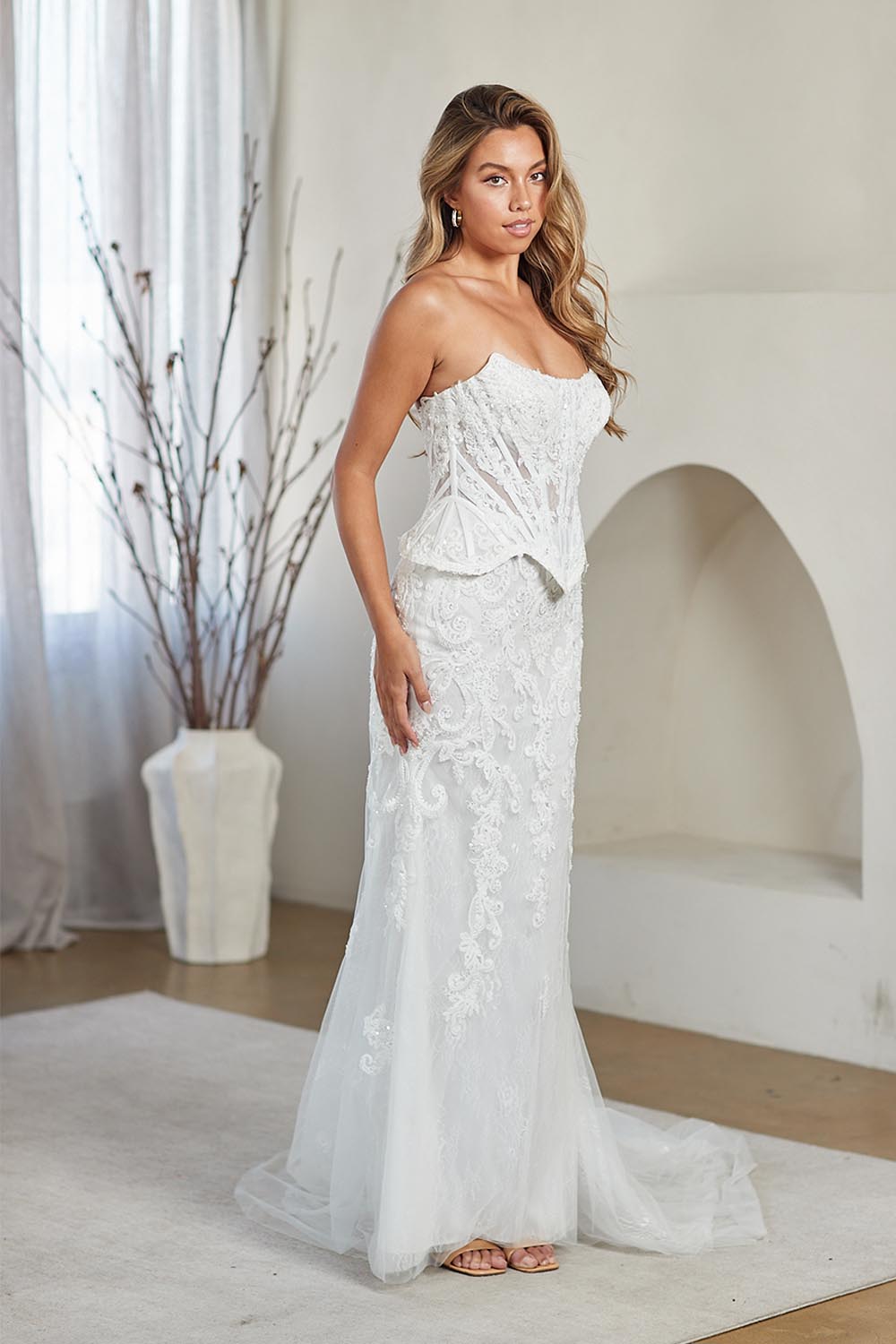 2151 strapless lace corset bridal gown, white, front view