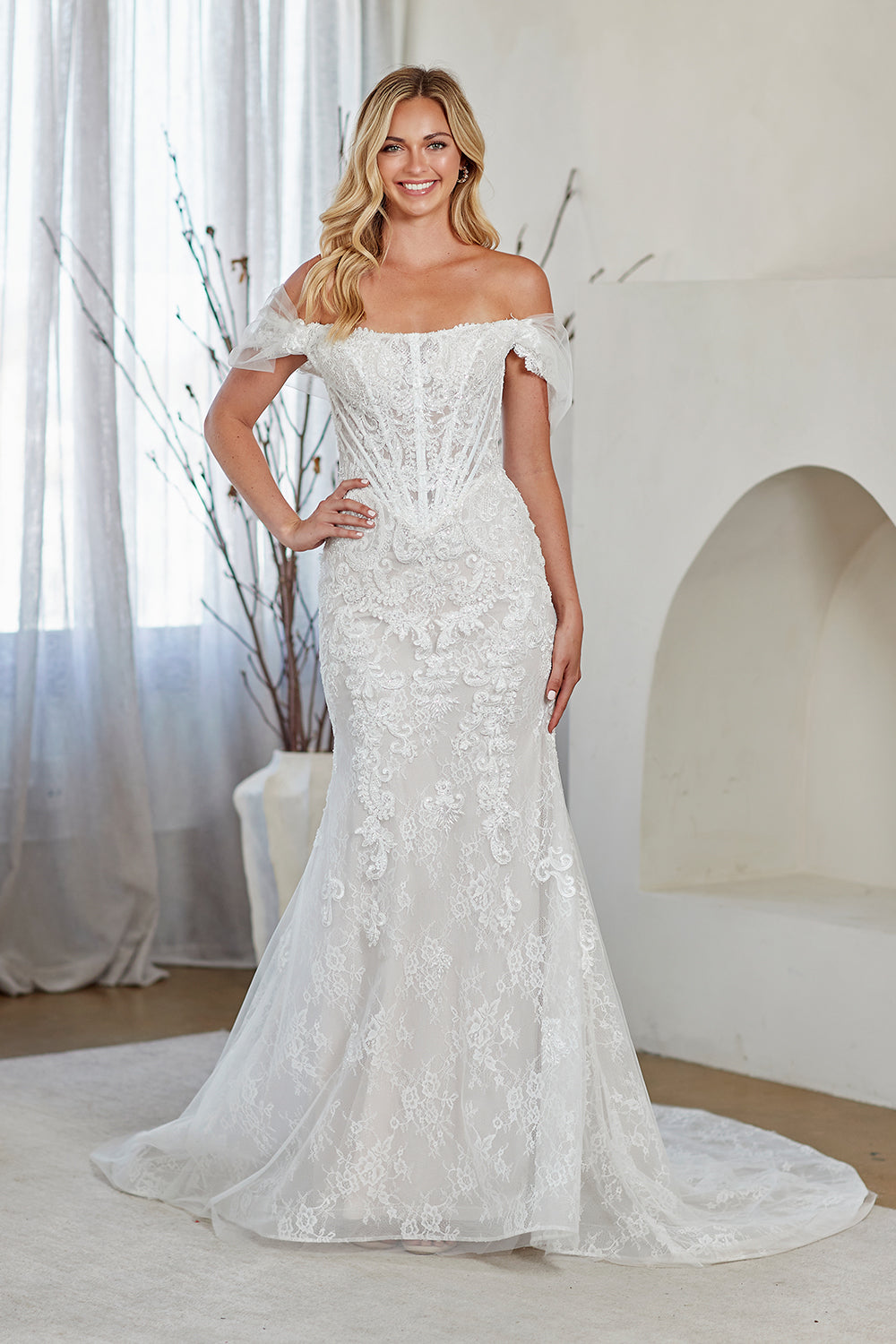 2153 off-shoulder lace mermaid bridal gown, white, front view