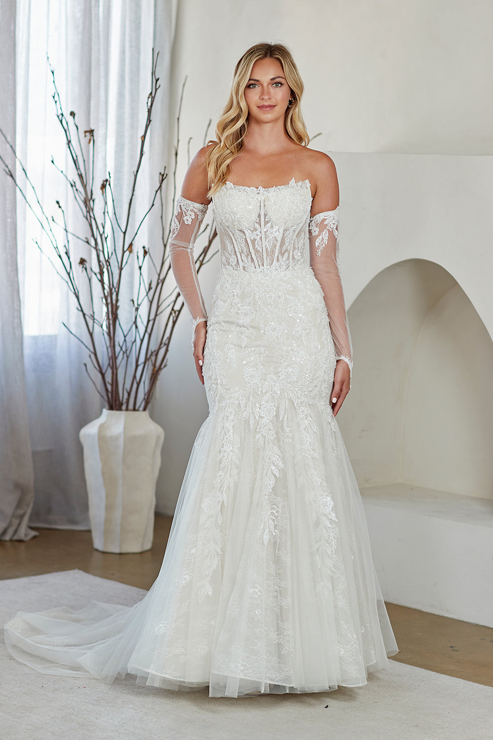 2155 lace-sleeve corset a-line bridal gown, white, front view