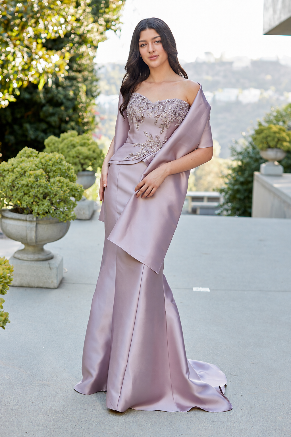 2162 embellished strapless mermaid gown with wrap, dark mauve, front view