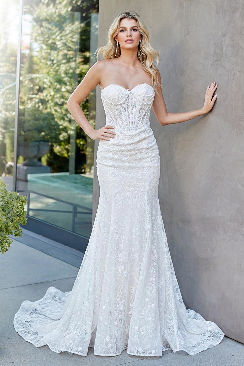 2168 strapless embellished mermaid wedding dress, white, front view