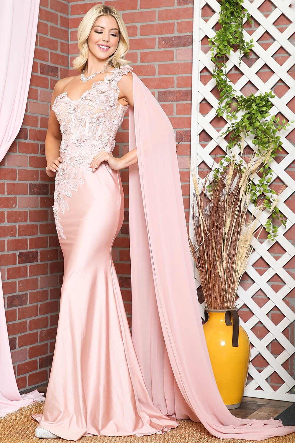 388 one-shoulder floral cape gown, blush, front view