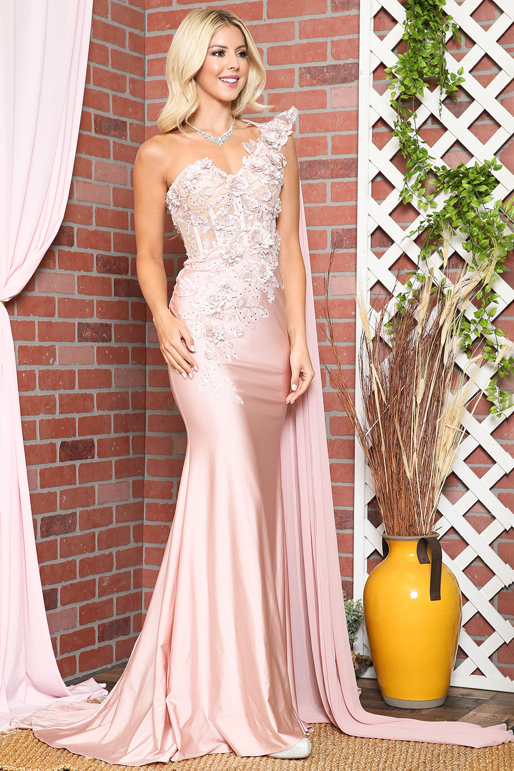 388 one-shoulder floral cape gown, blush, front view