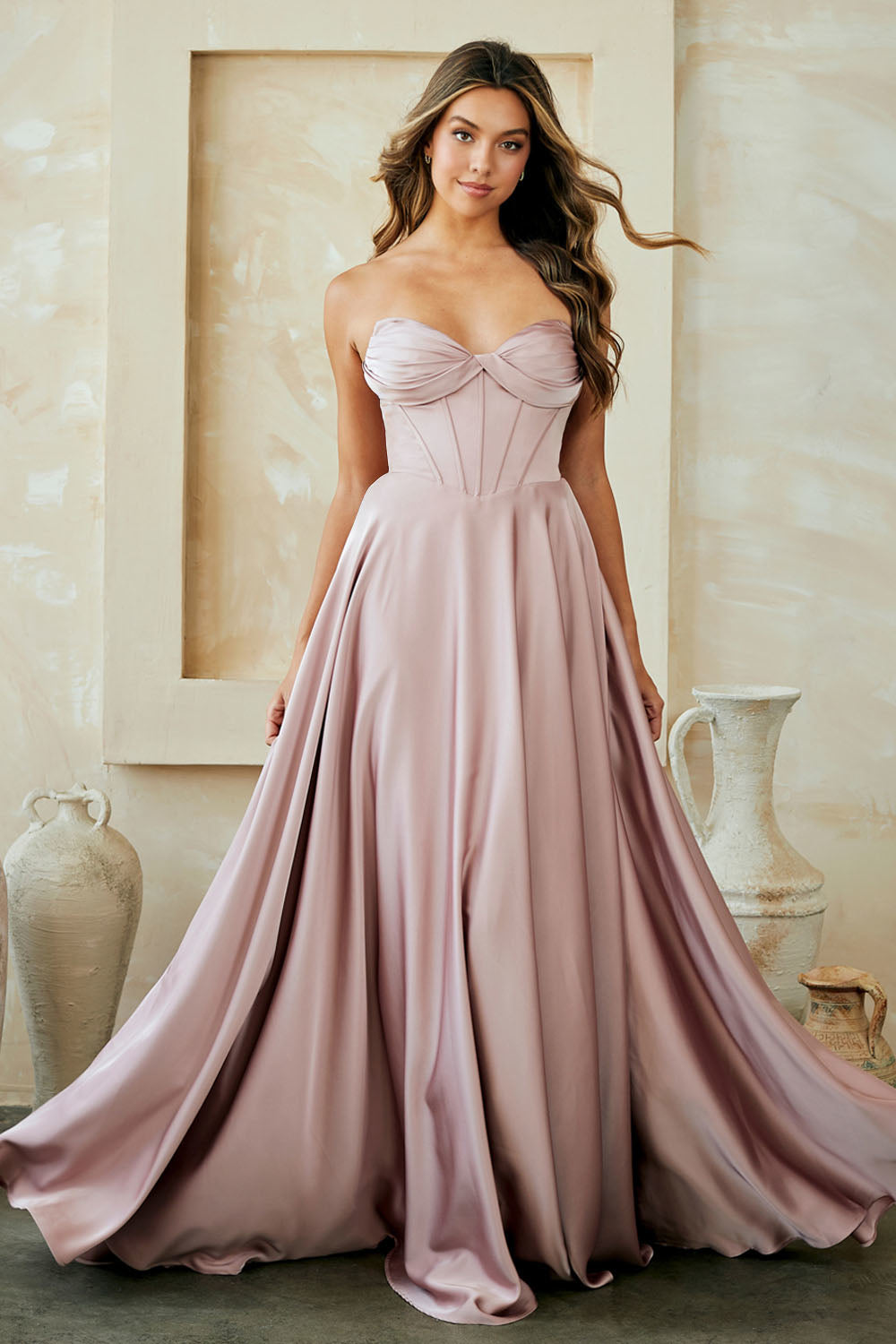 4053 strapless corset a-line gown, dusty rose, front view