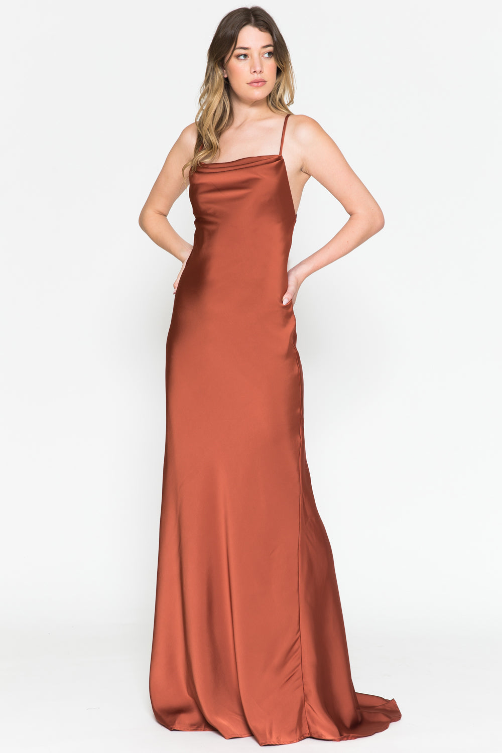 6111 cowl-neck lace-up evening gown, burnt orange, front view