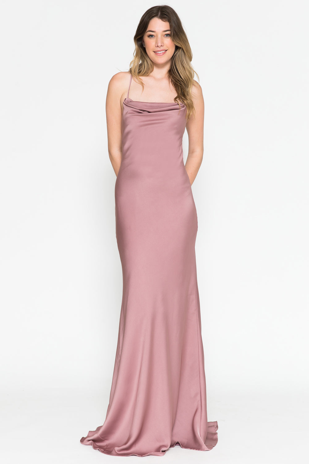 6111 cowl-neck lace-up evening gown, mauve, front view