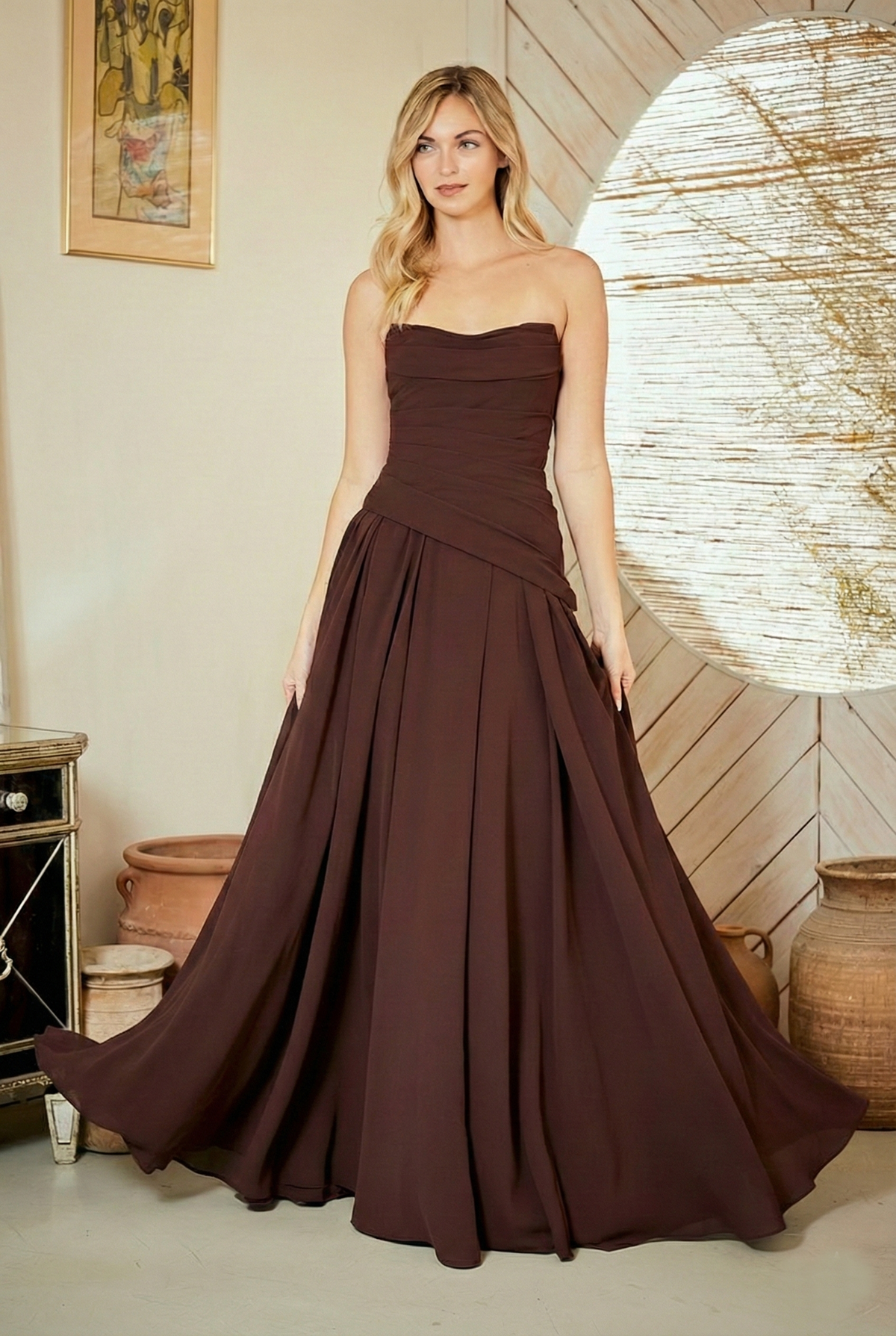 6133 strapless draped a-line evening gown, brown, front view