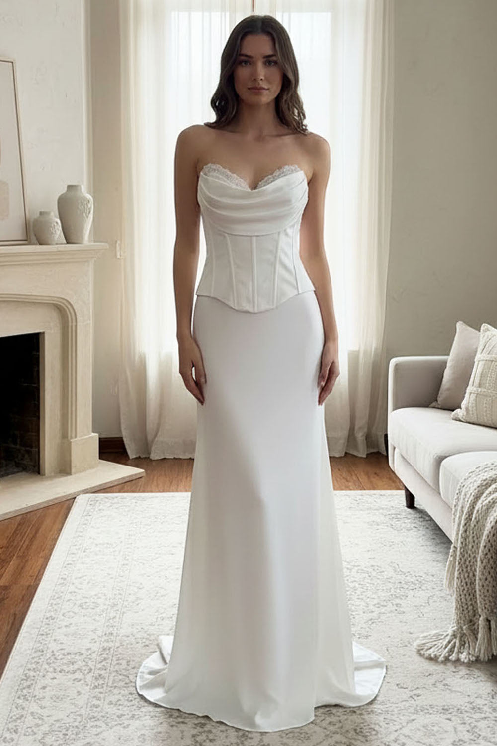 6137 strapless draped corset bridal gown, white, front view