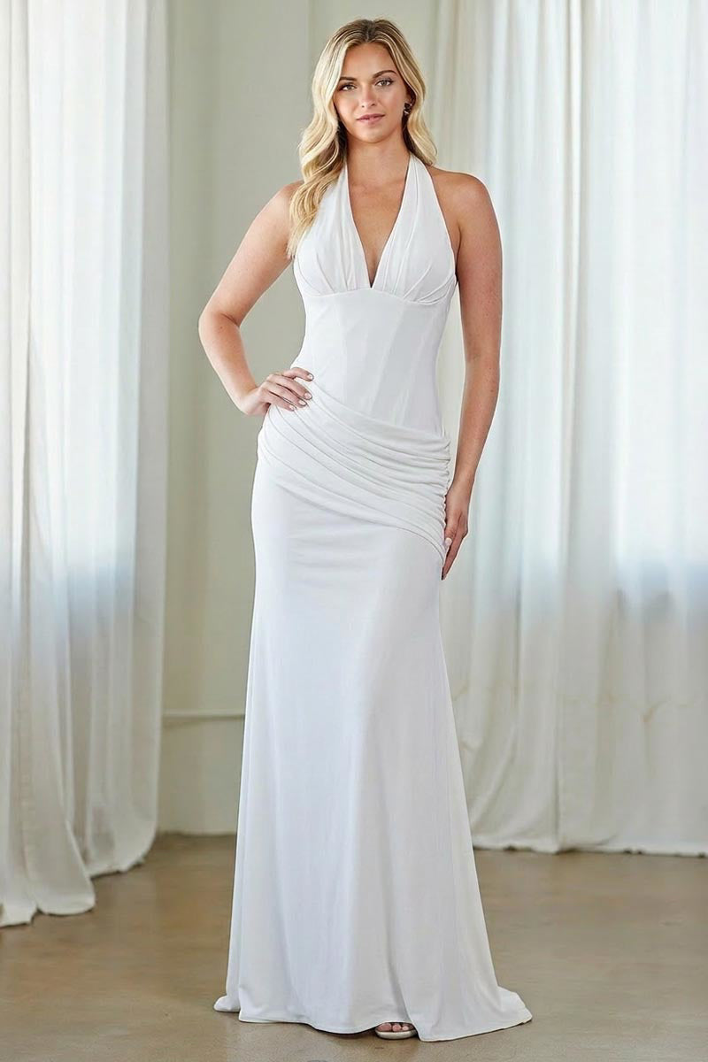 6150 halter draped evening gown, white, front view