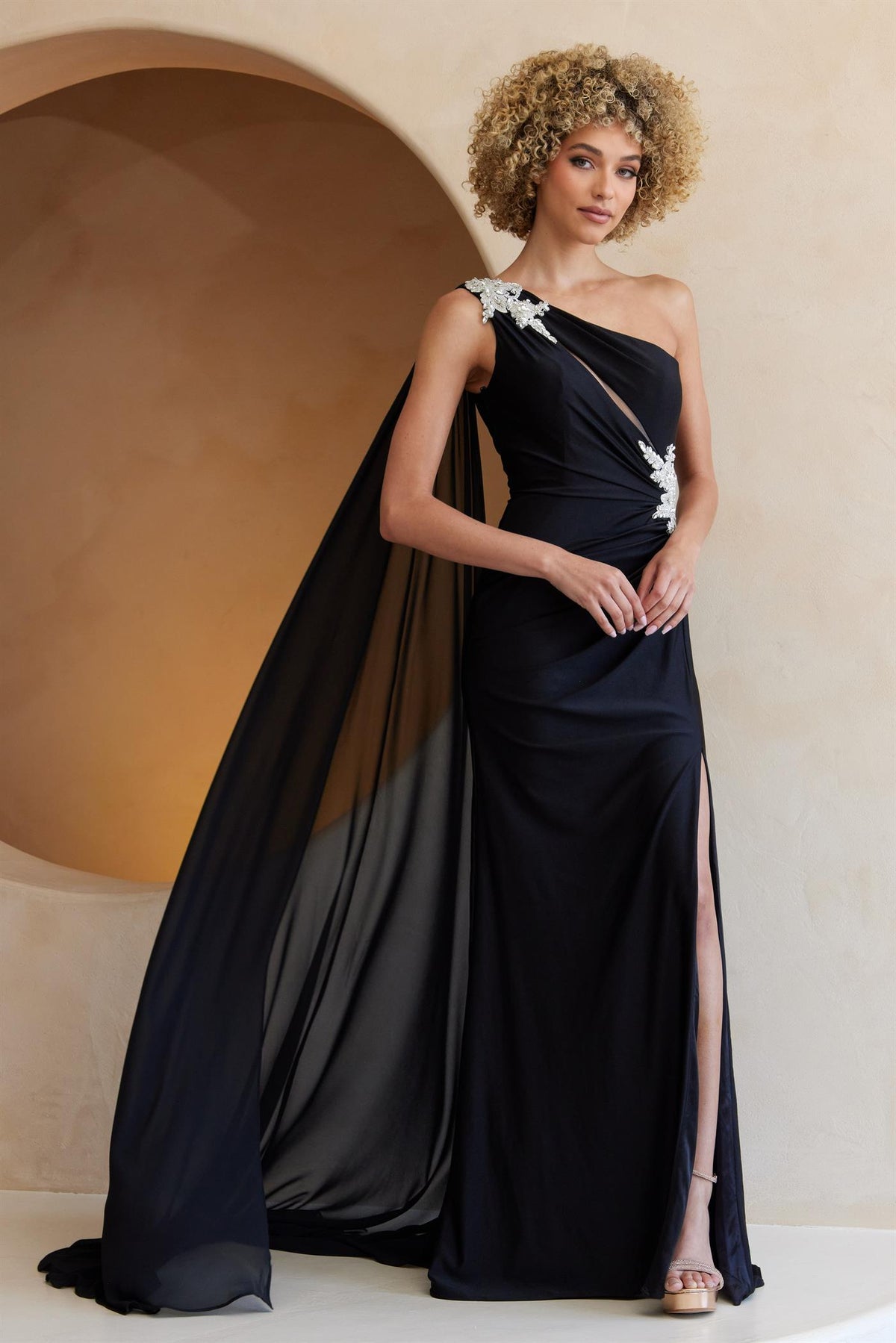 7056 one-shoulder draped gown with cape, black, front view