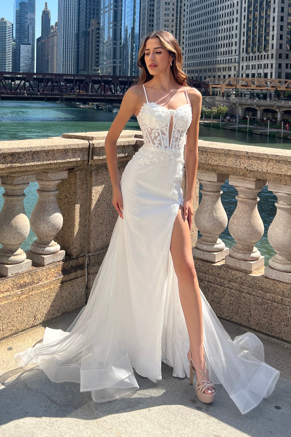 7064 lace corset gown with slit, white, lifestyle view