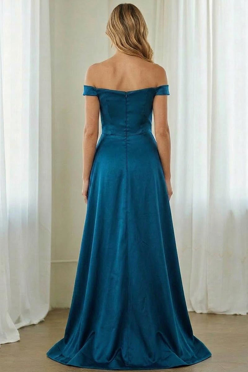 7094 off-shoulder draped evening gown, teal, back view