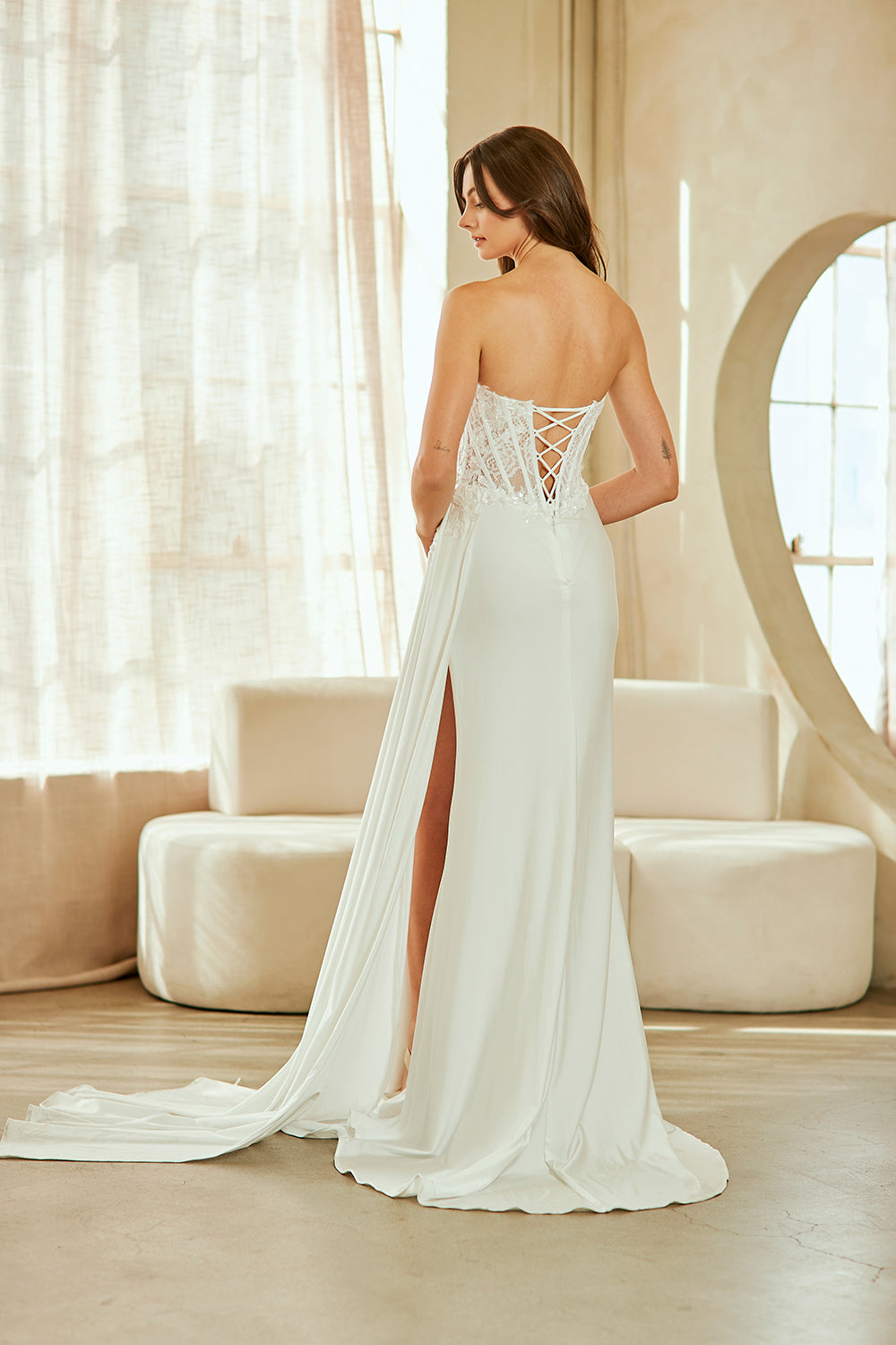 White bridal gown with lace corset bodice