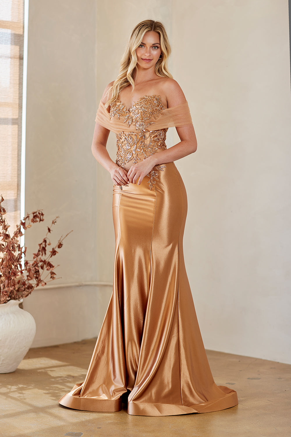 8074 off-shoulder embellished slit gown, gold, front view