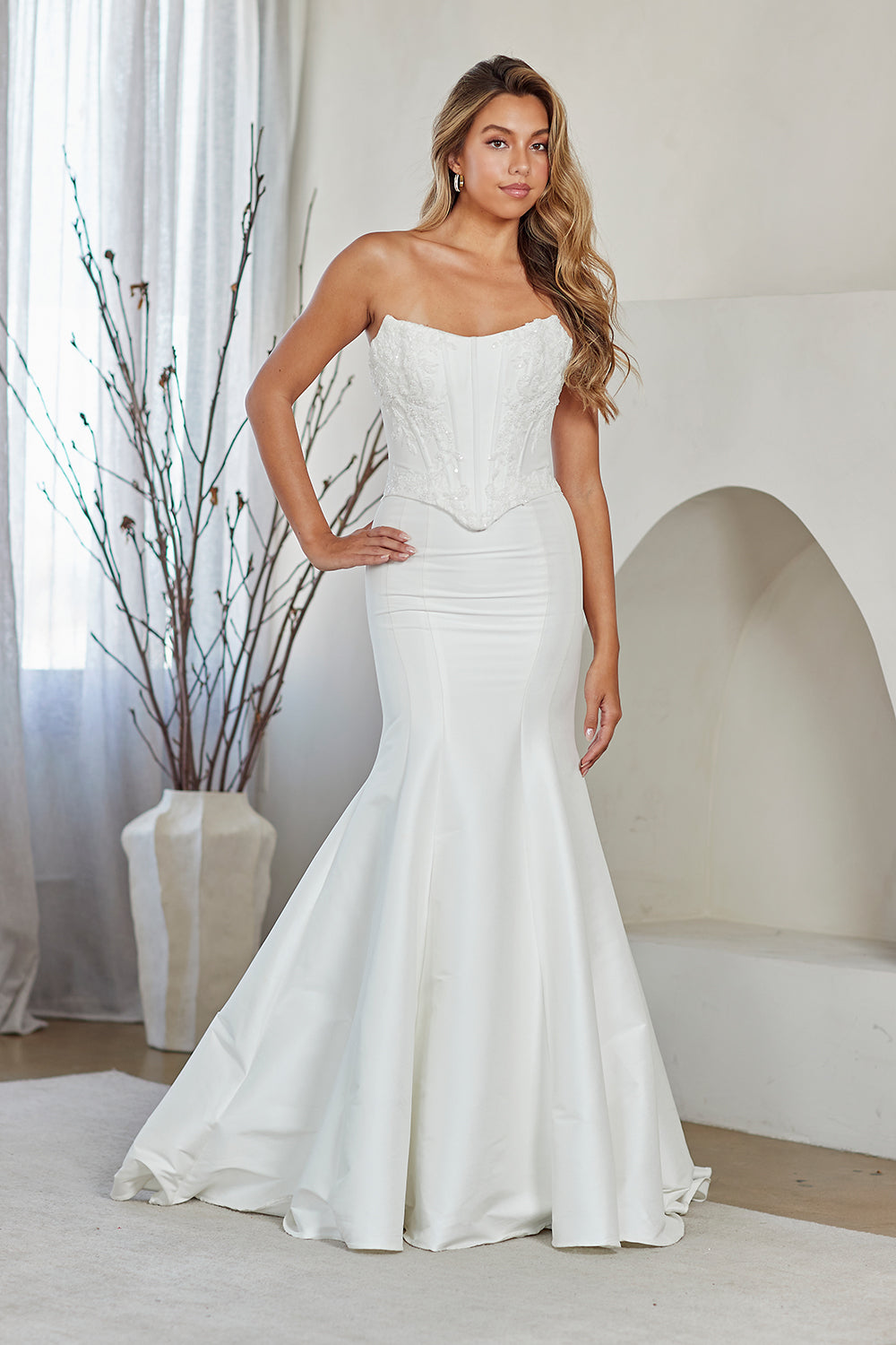 8080 strapless corset mermaid gown, white, front view