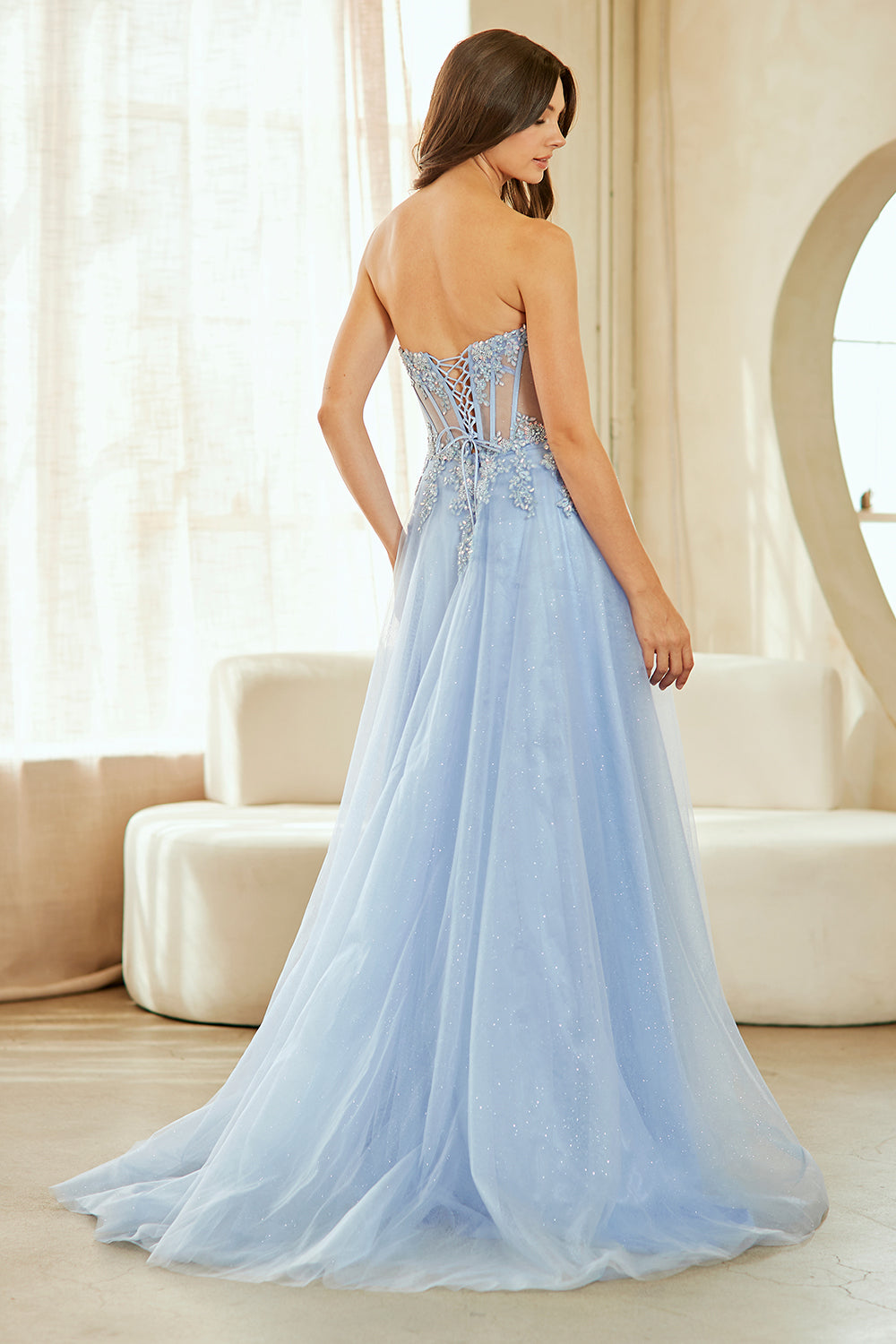 Catrina floral corset glitter tulle gown, periwinkle, back view
