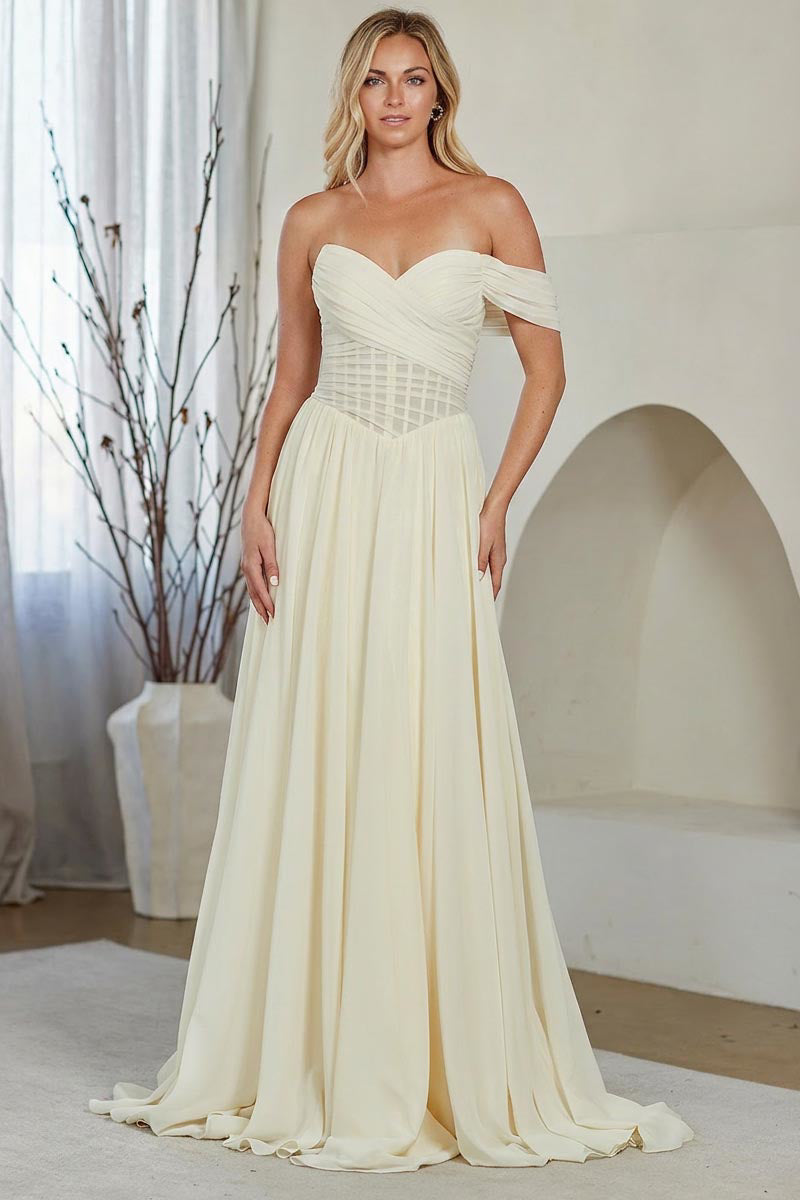 9097 off shoulder corset a-line gown, yellow, front view