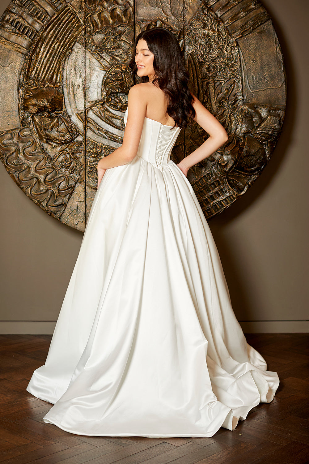 AL1402 strapless satin a-line wedding dress, white, back view