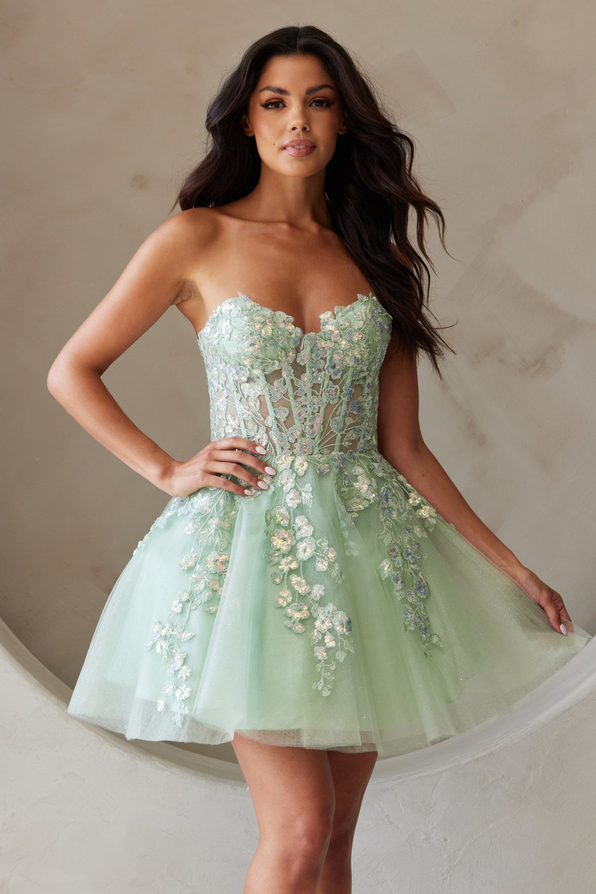 BZ9024S floral corset tulle short dress, sage, front view