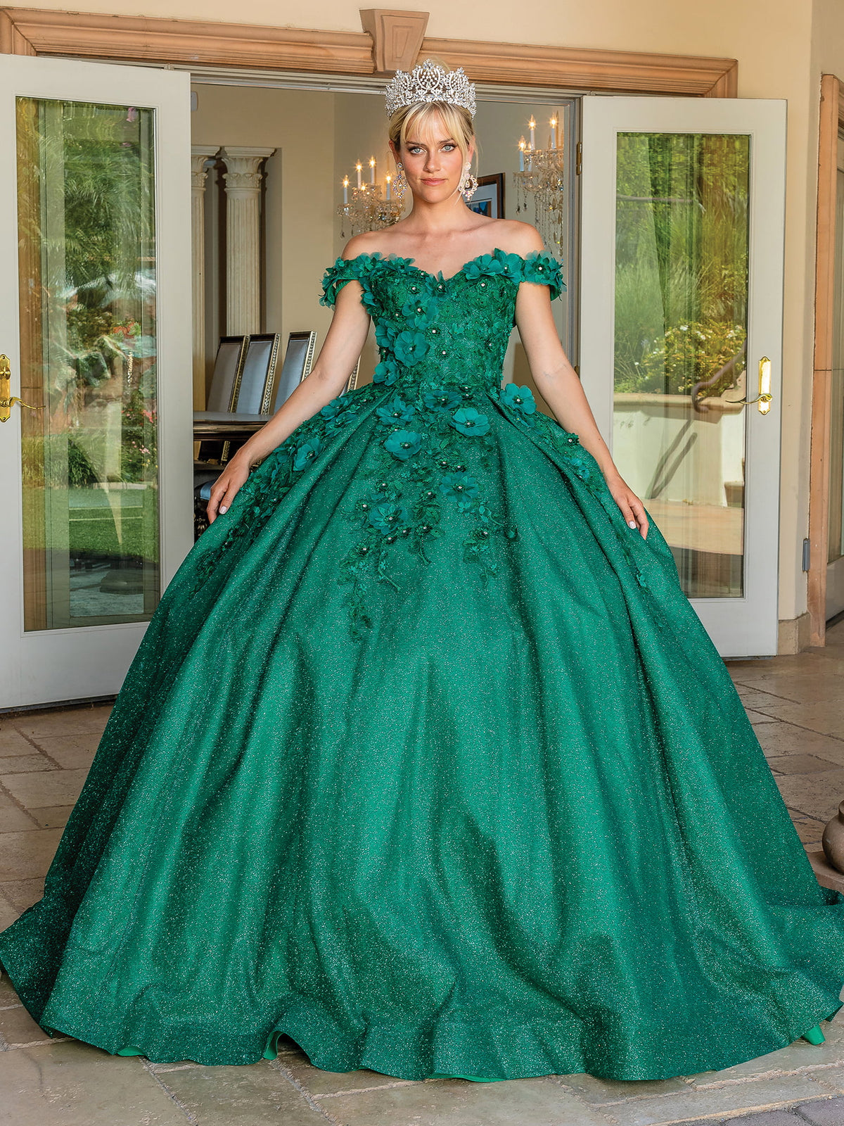 Dancing Queen 1527 quinceanera dress in hunter green, front view