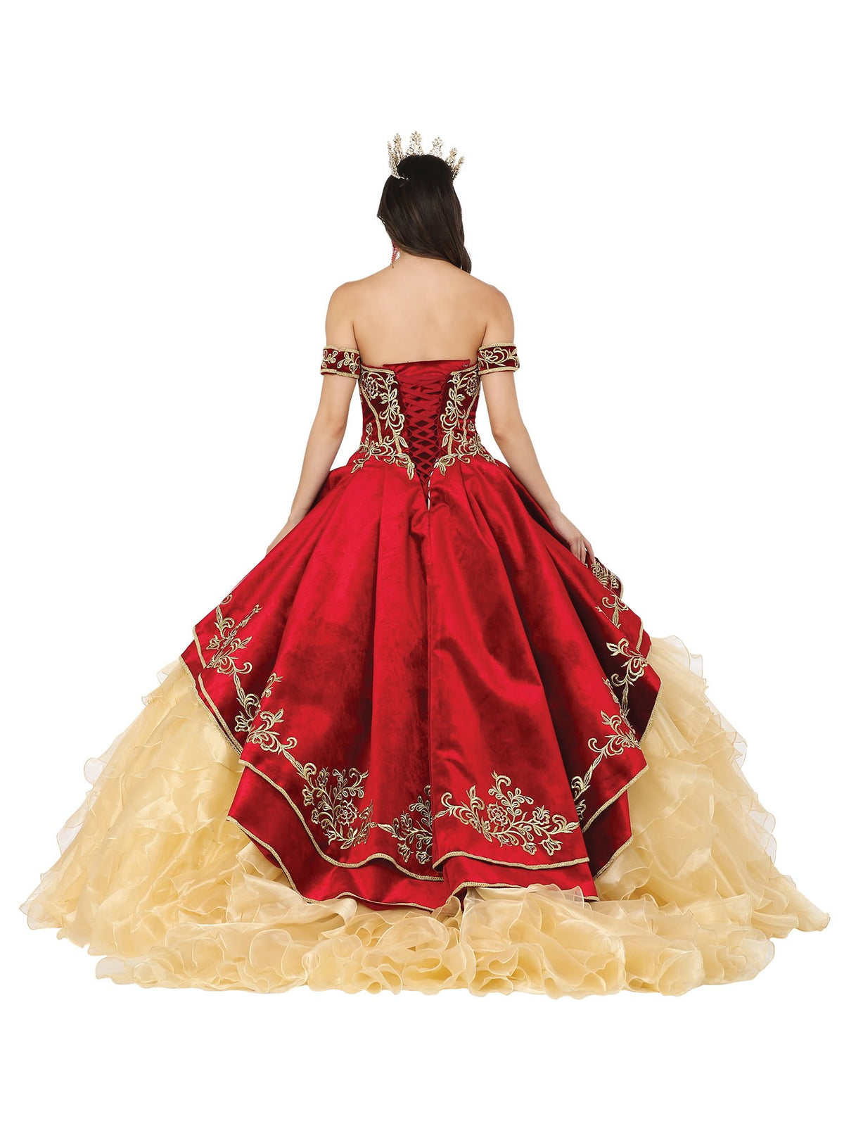 Dancing Queen 1529 quinceanera dress in burgundy, back view