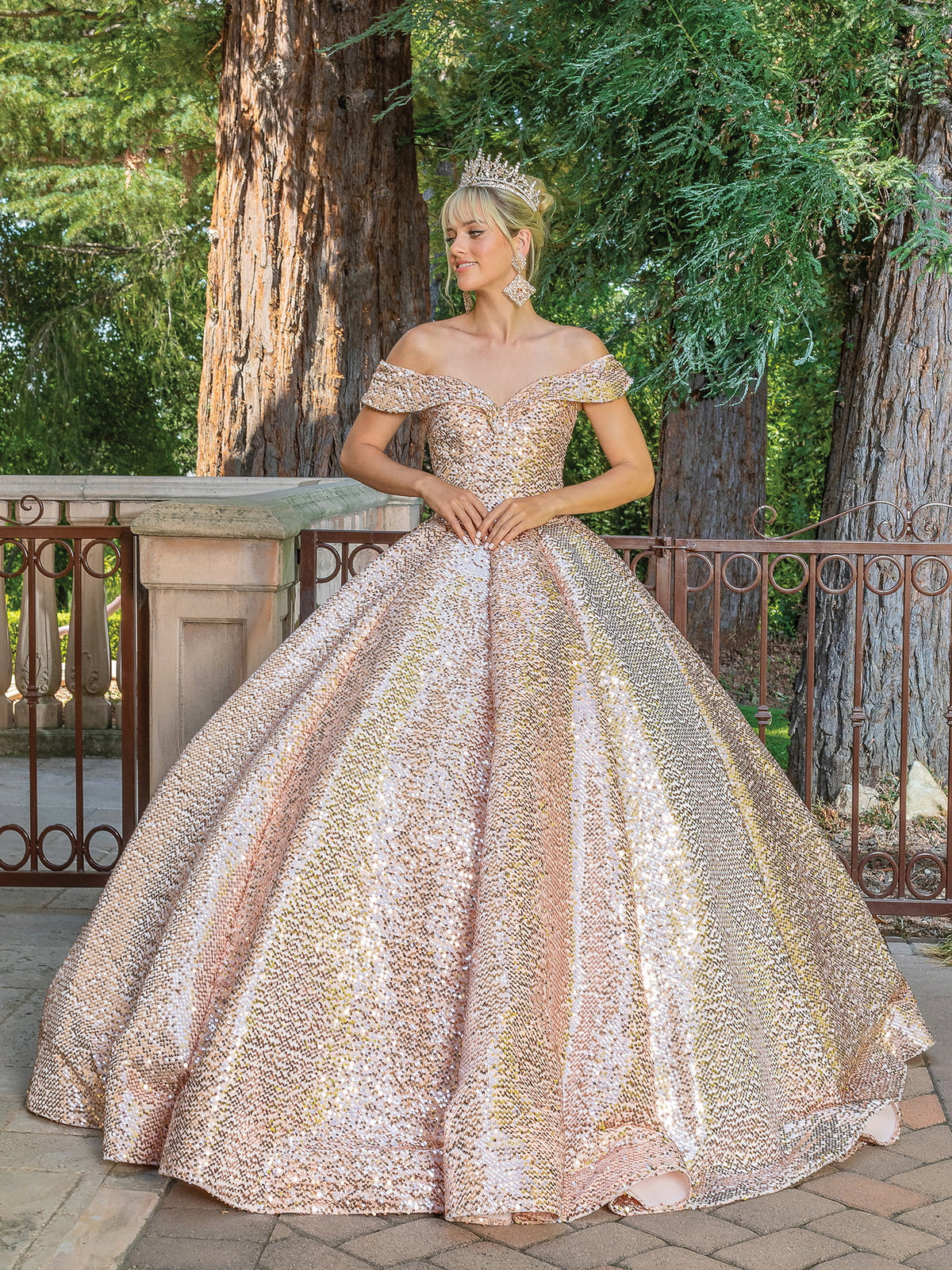 Dancing Queen 1559 quinceanera dress in rose gold, front view