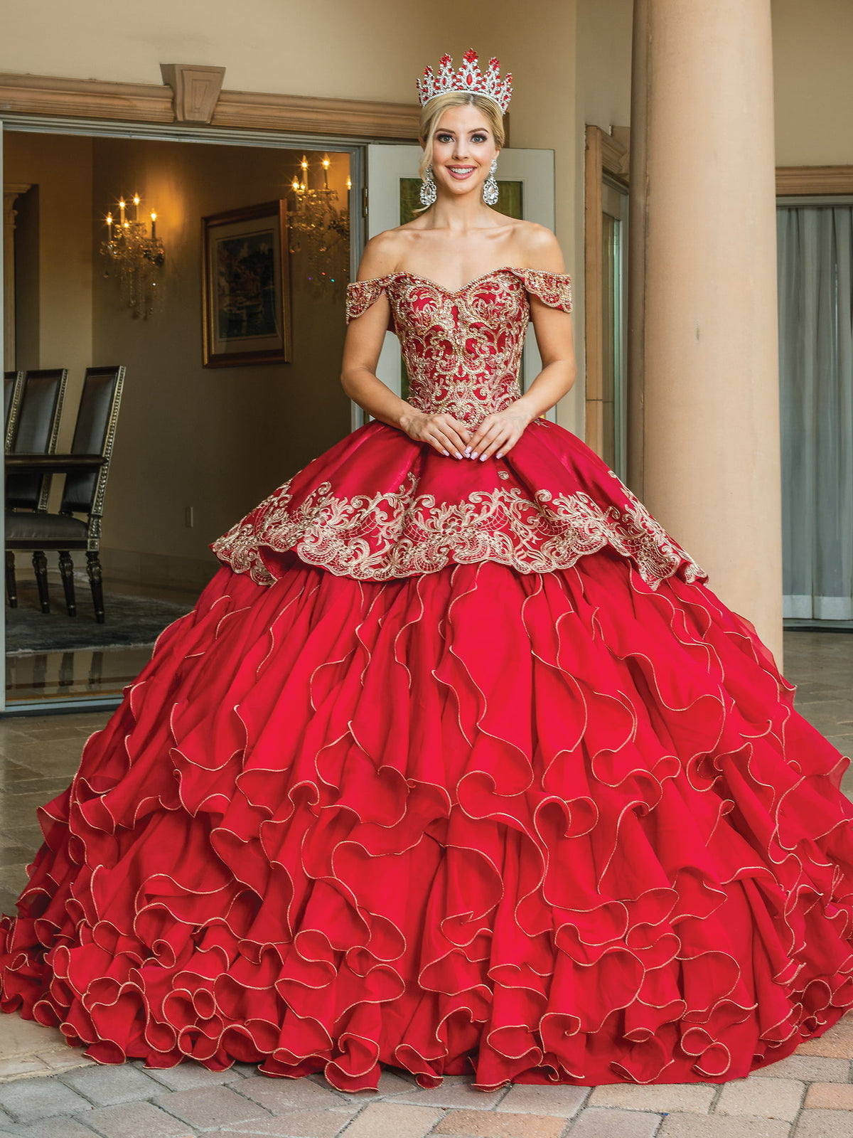 Dancing Queen 1599 quinceanera dress in burgundy, front view