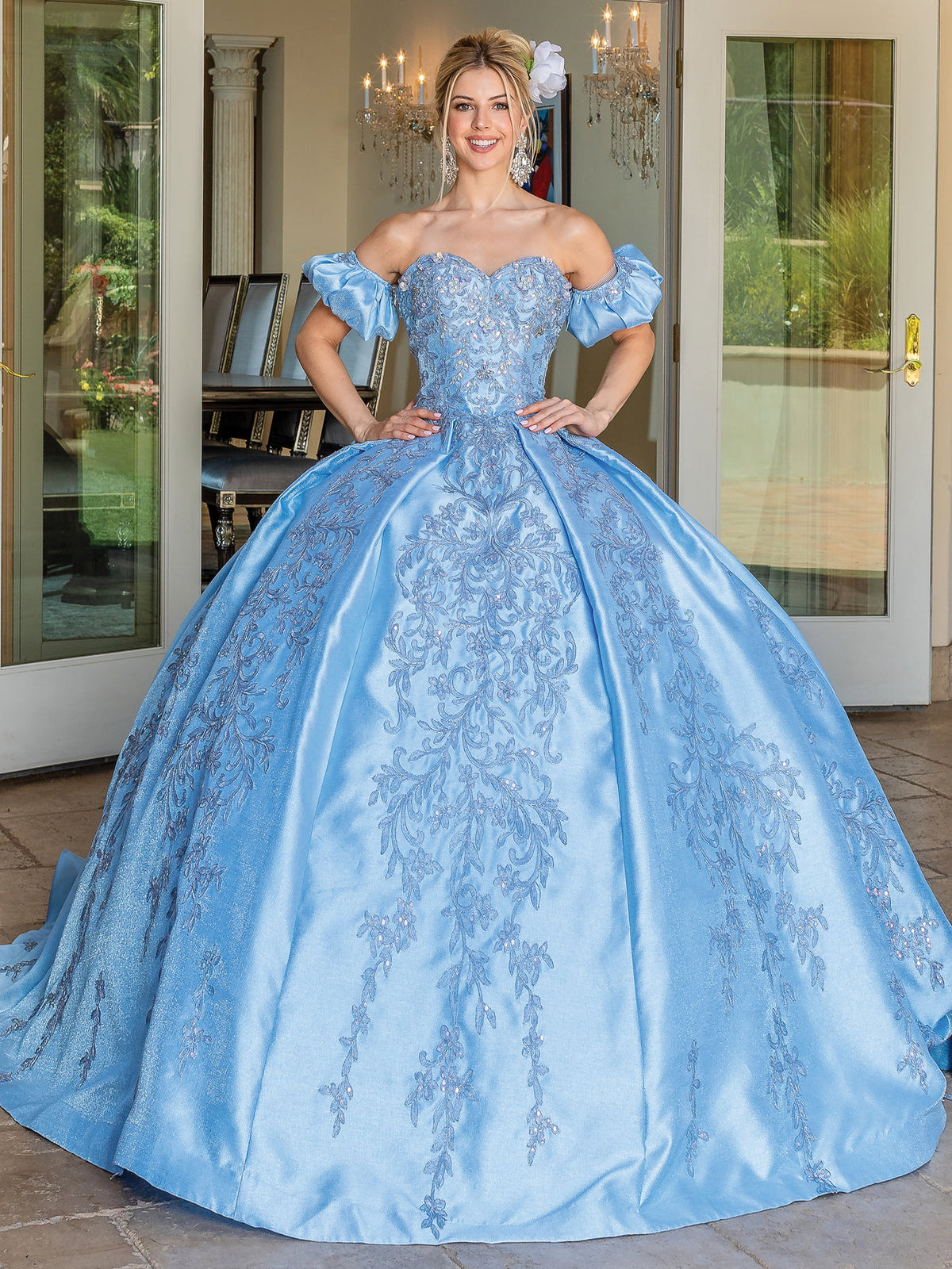 Dancing Queen 1644 quinceanera dress in bahama blue, front view