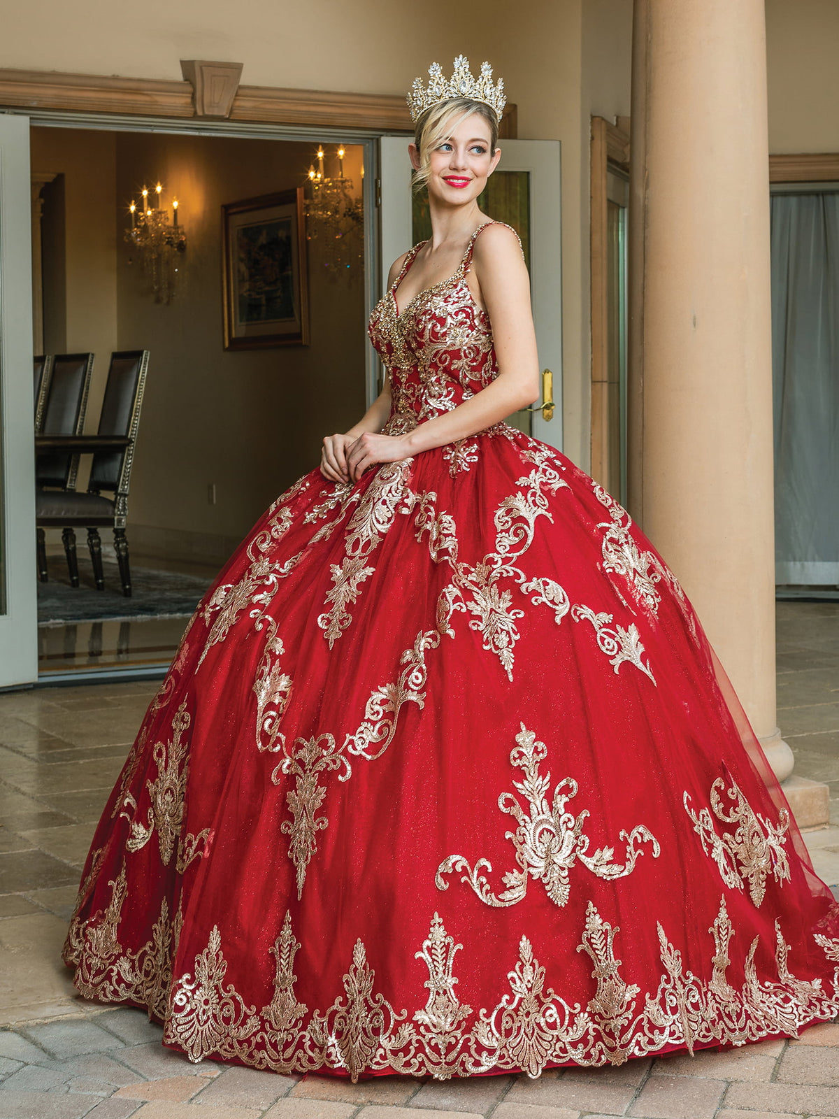 Dancing Queen 1651 quinceanera dress in burgundy, front view
