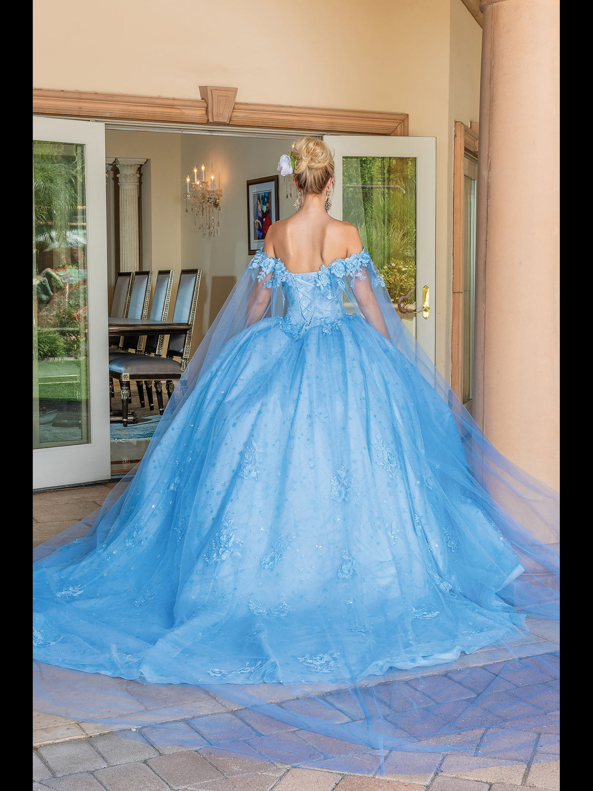 Dancing Queen 1660 quinceanera,sale dress in bahama blue, back view