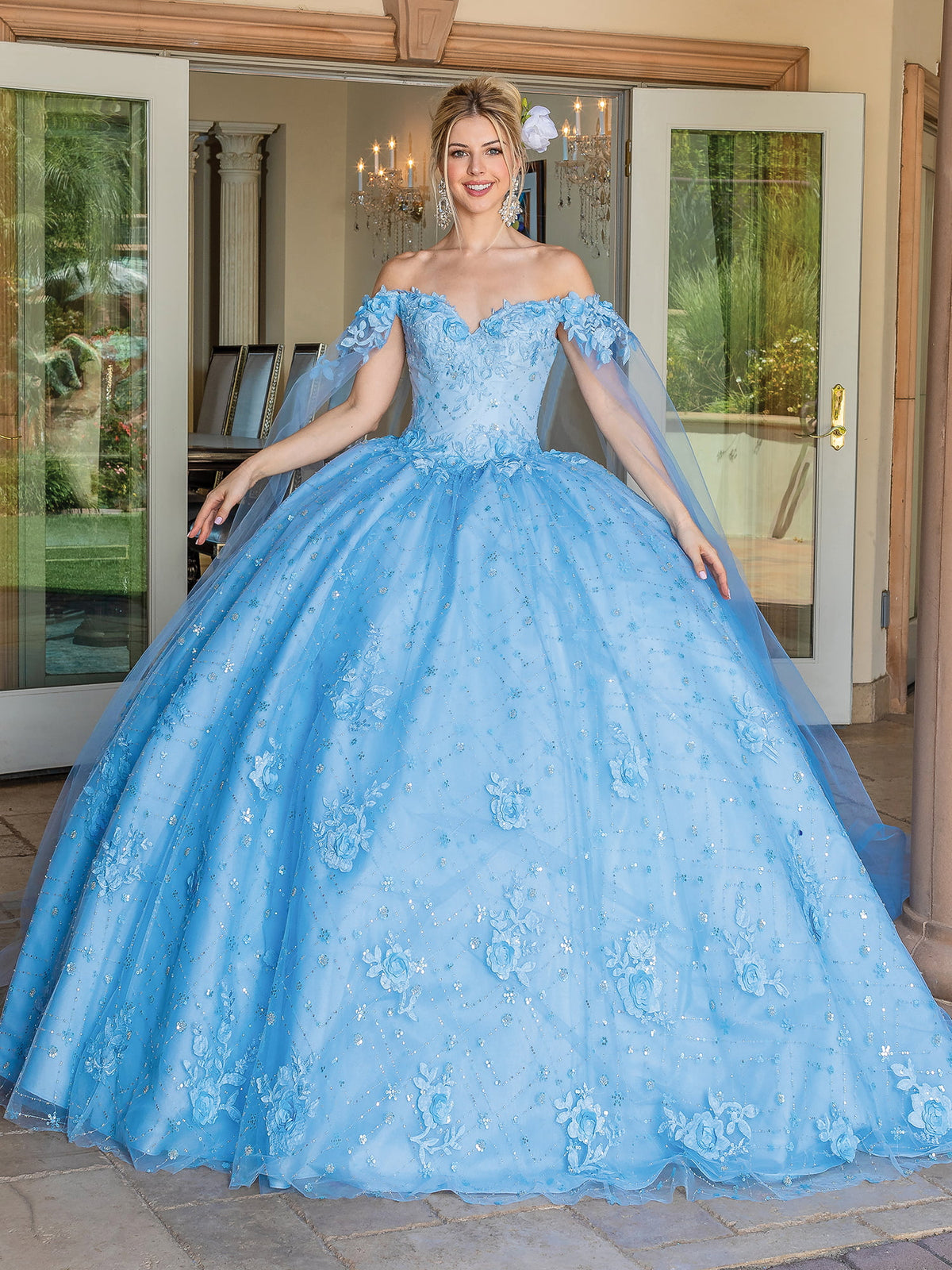 Dancing Queen 1660 quinceanera,sale dress in bahama blue, front view