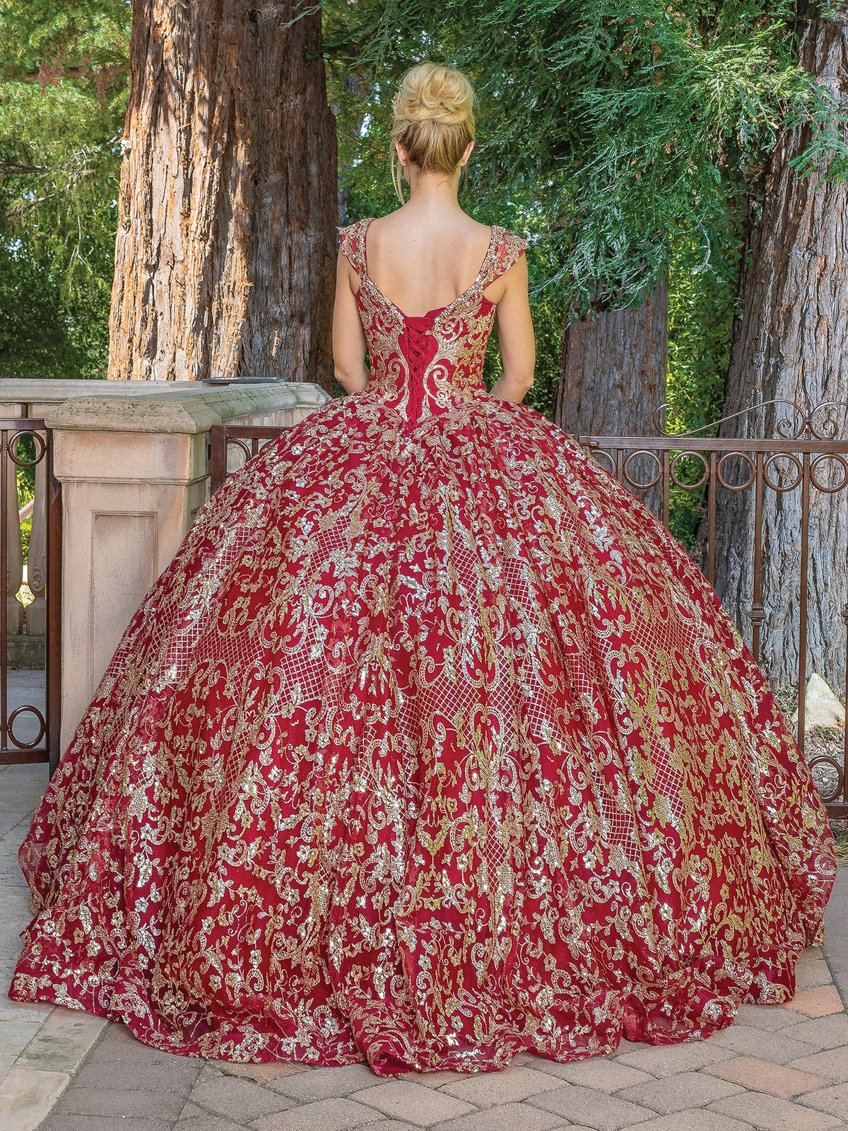 Dancing Queen 1670 quinceanera dress in burgundy, back view