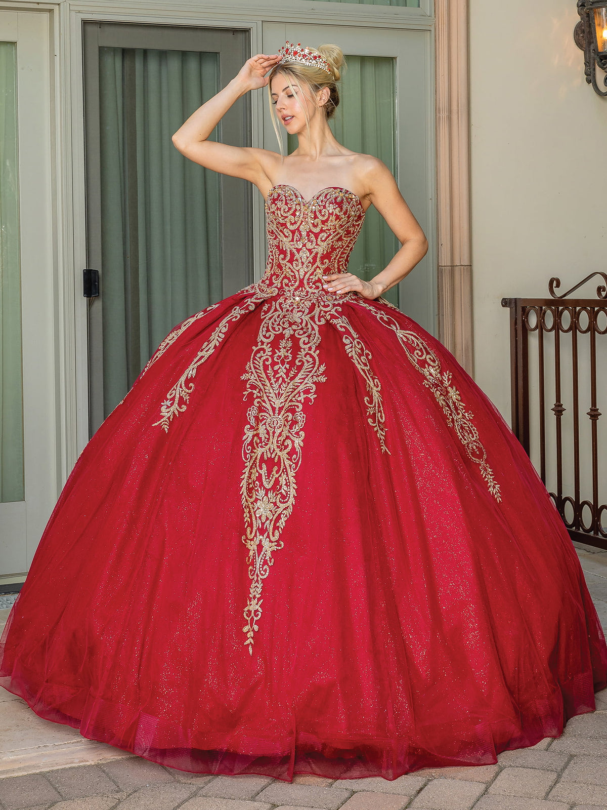 Dancing Queen 1672 quinceanera dress in burgundy, front view