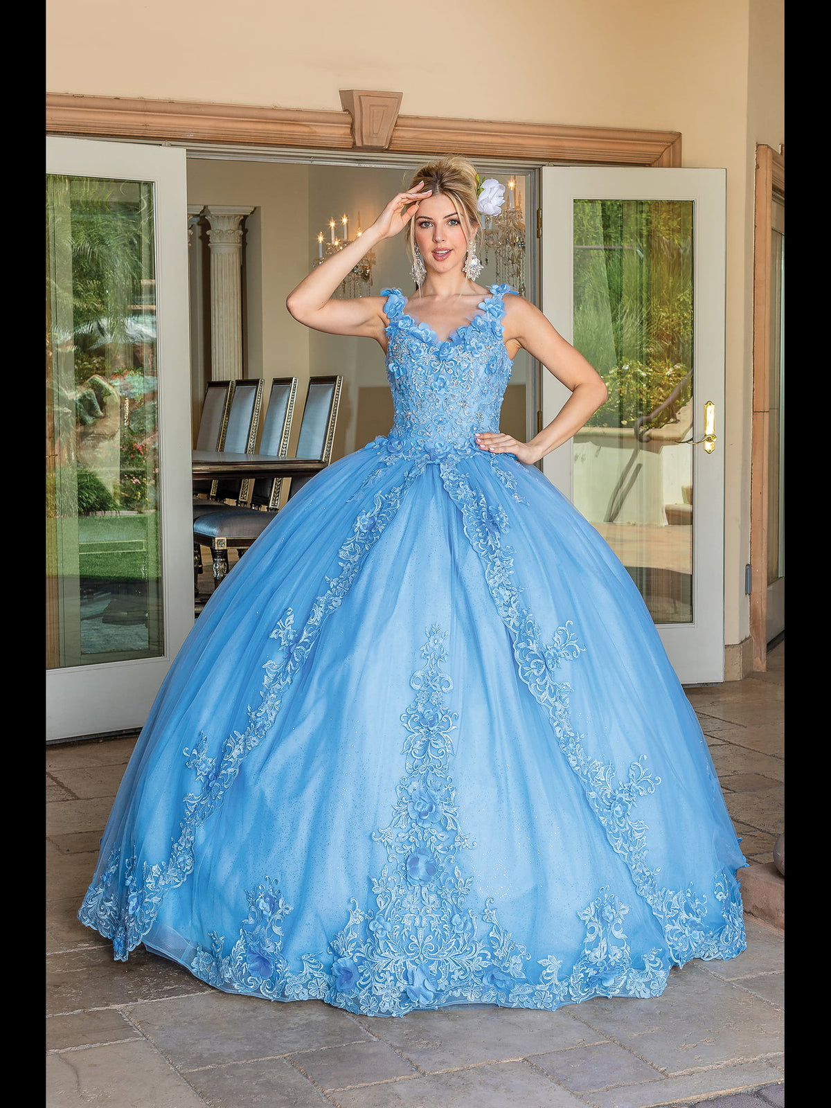 Dancing Queen 1678 quinceanera dress in bahama blue, front view