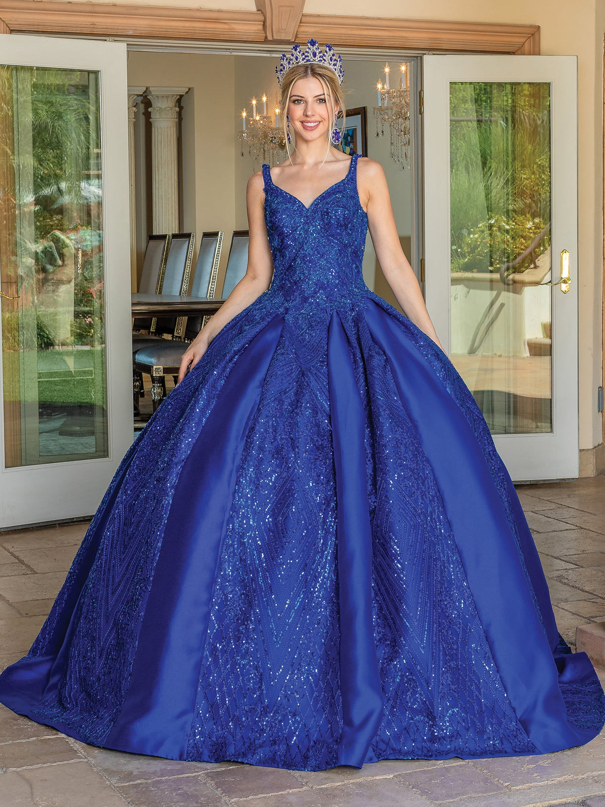 Dancing Queen 1680 quinceanera dress in royal blue, front view