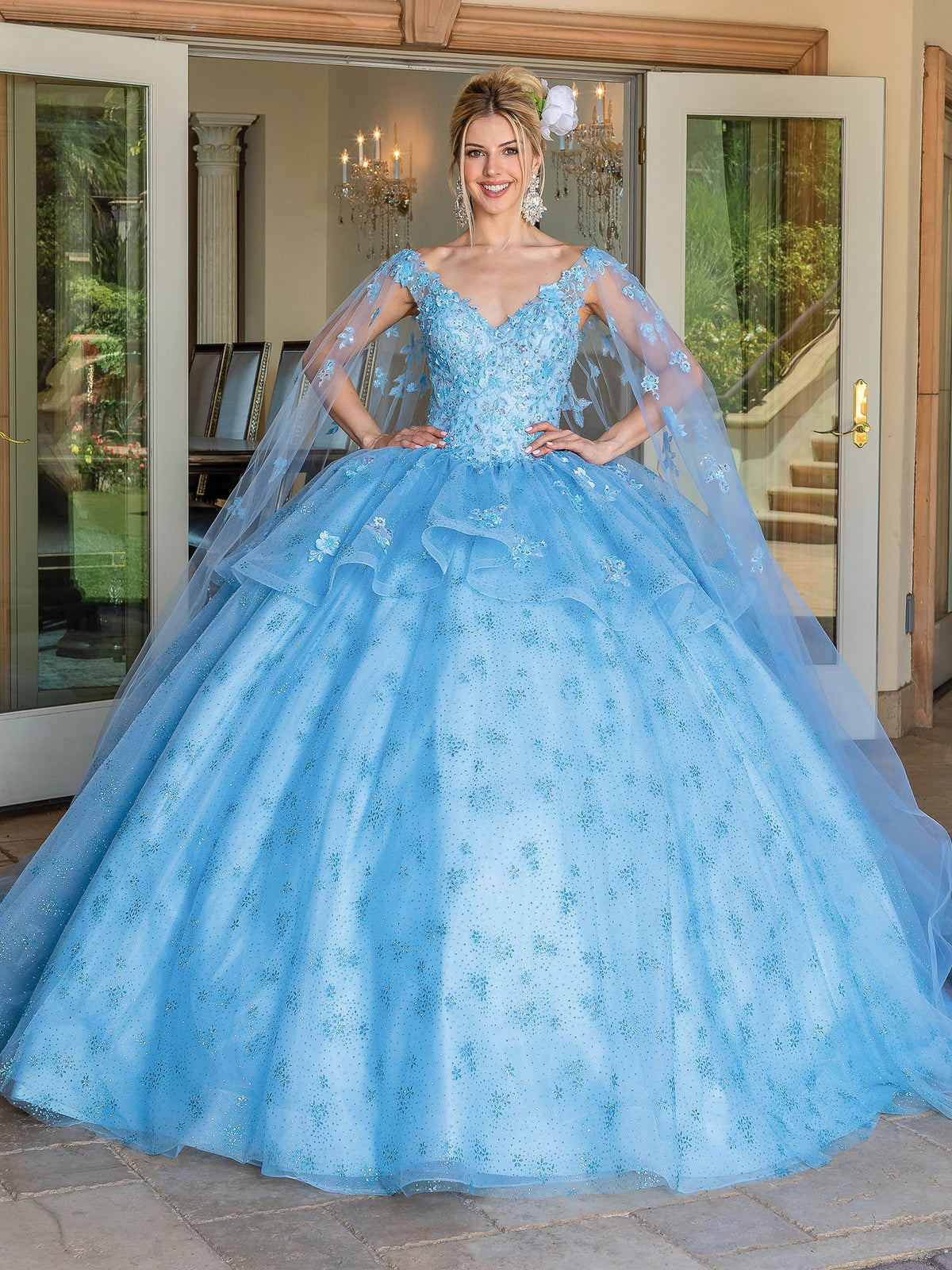 Dancing Queen 1702 quinceanera dress in bahama blue, front view