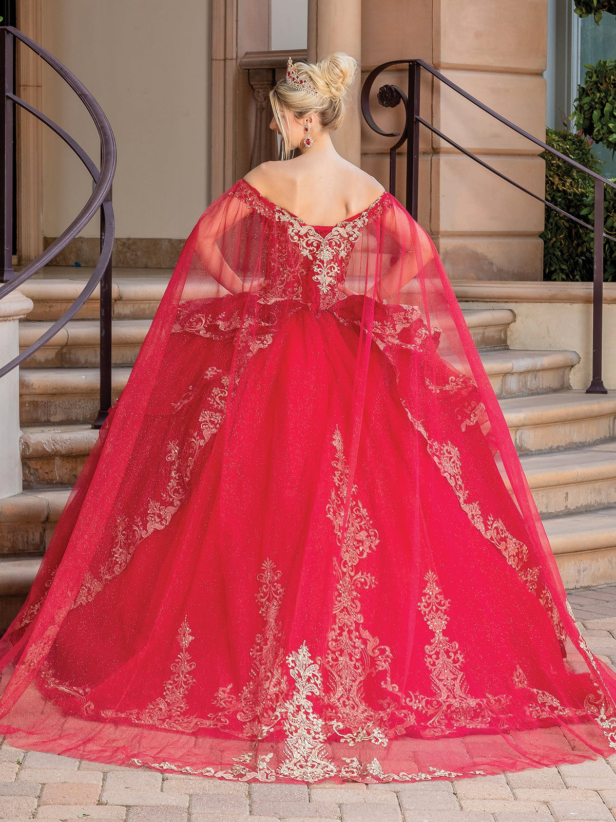 Dancing Queen 1720 quinceanera dress in burgundy, back view