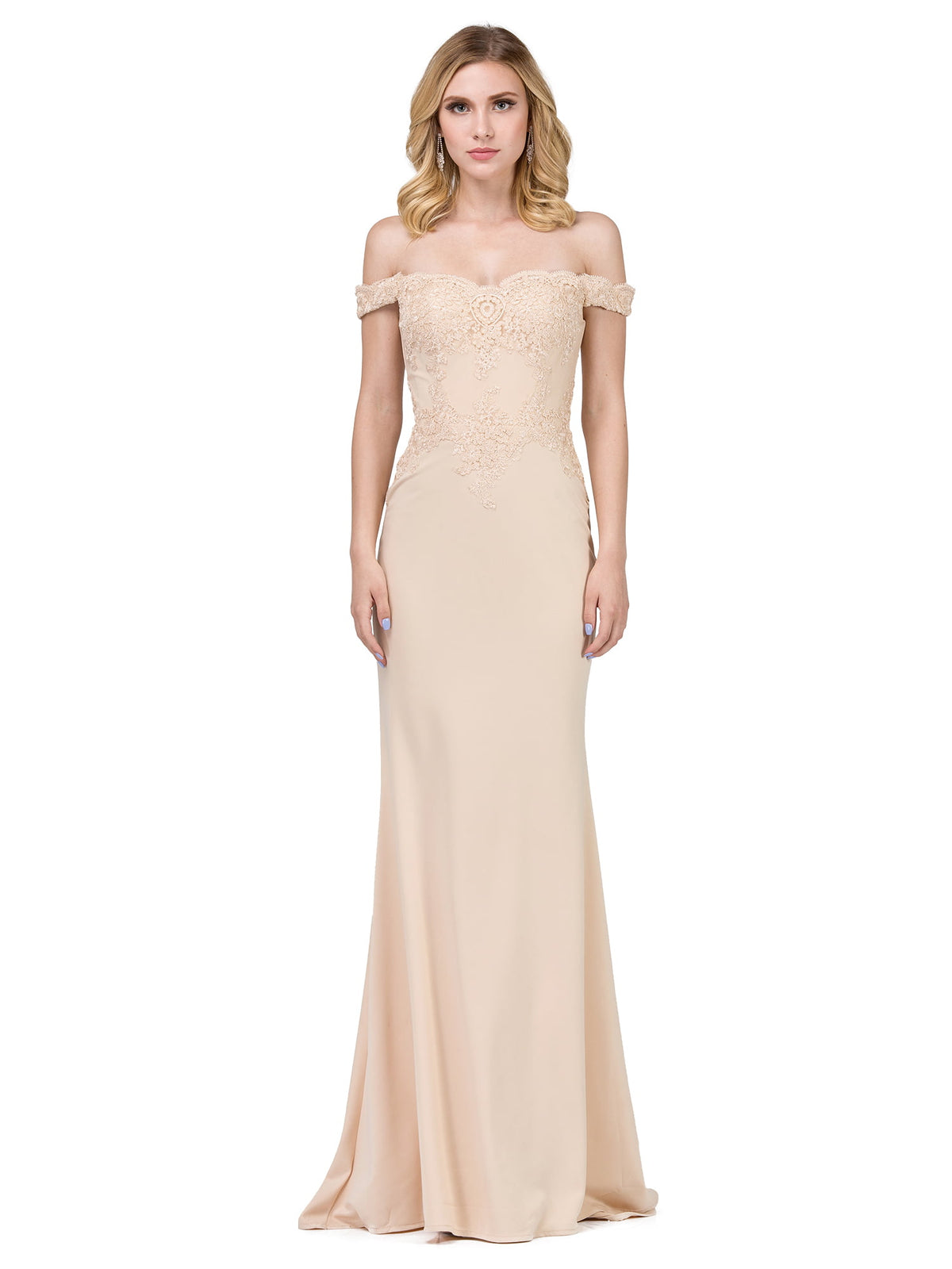 Dancing Queen 2562 prom dress in champagne, front view