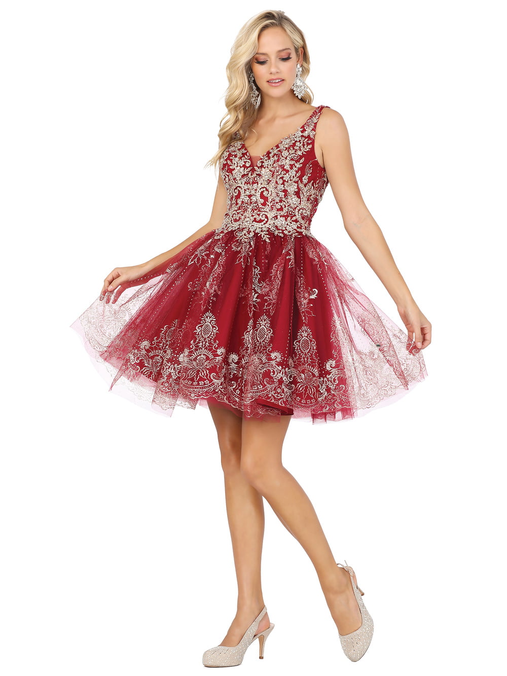 Dancing Queen 3237 homecoming dress in burgundy/gold, front view