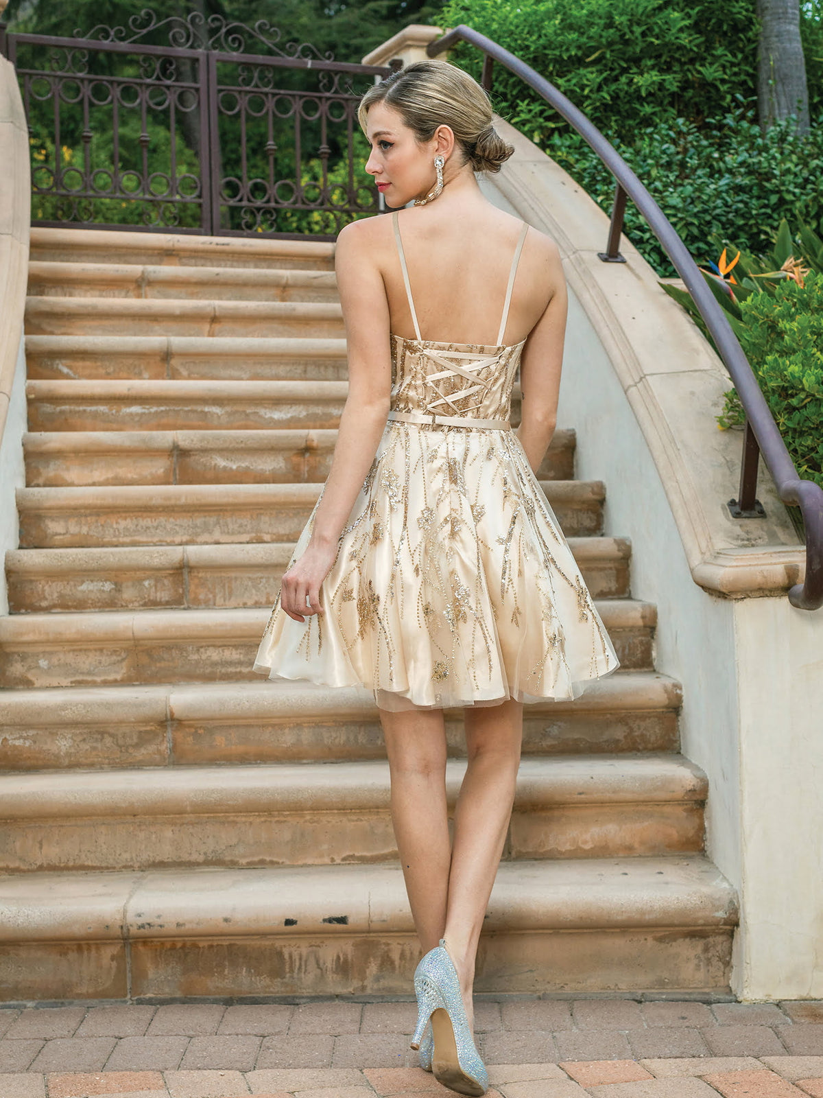 Dancing Queen 3269 homecoming dress in champagne, back view